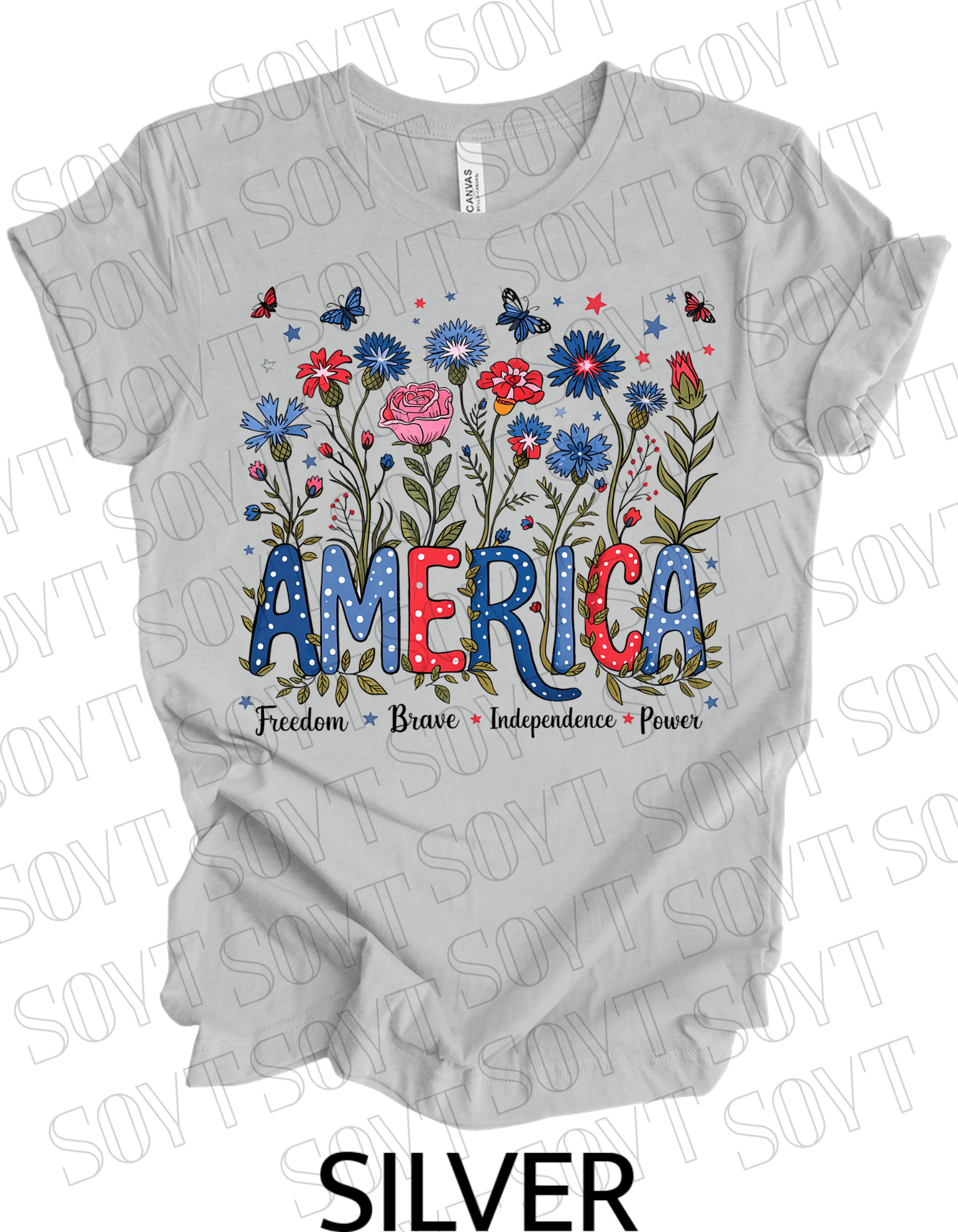 America Floral Patriotic T-Shirt – Bella+Canvas 4th of July Women’s Tee - Festive Apparel StoreSilver