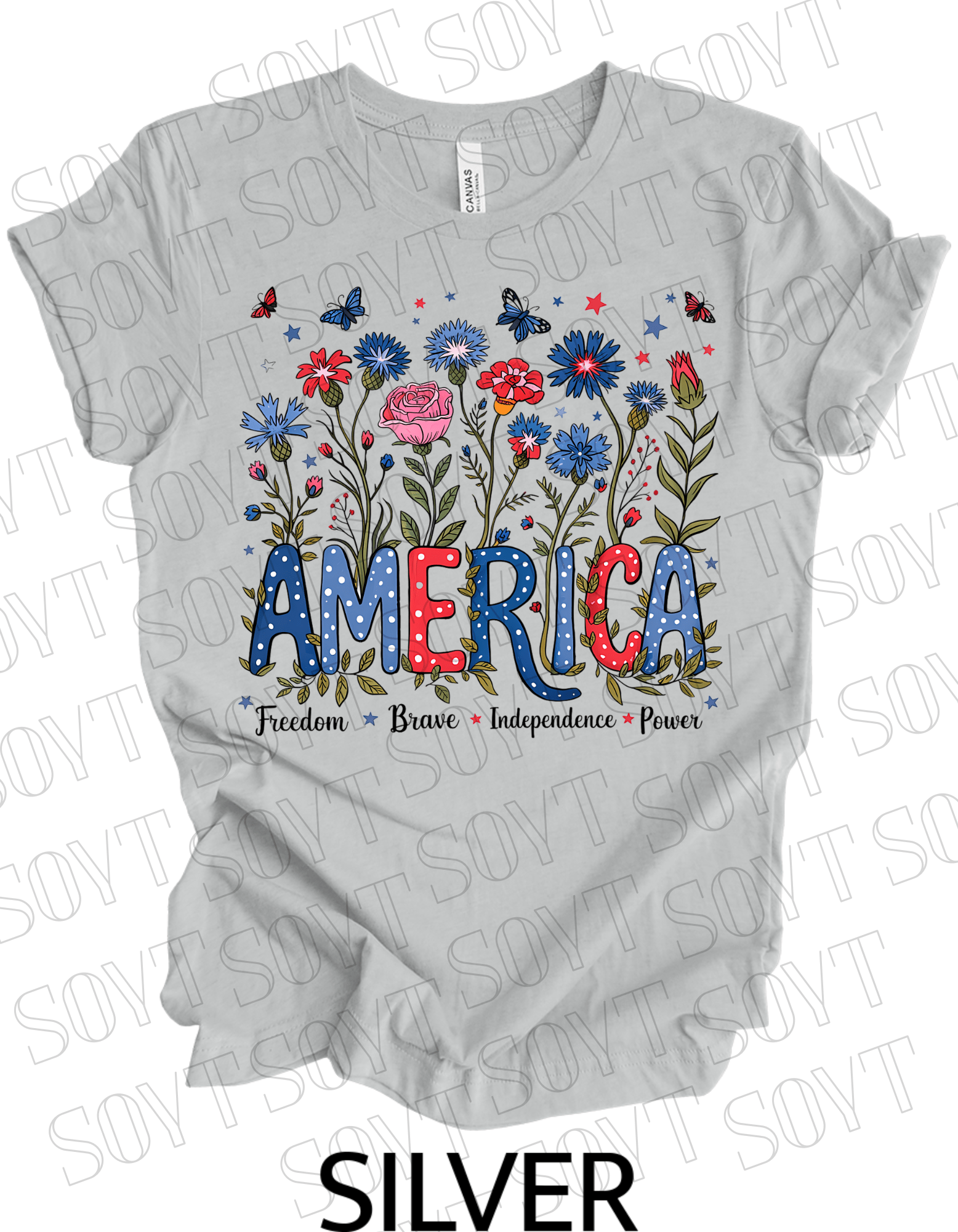 America Floral Patriotic T-Shirt – Bella+Canvas 4th of July Women’s Tee - Festive Apparel StoreSilver