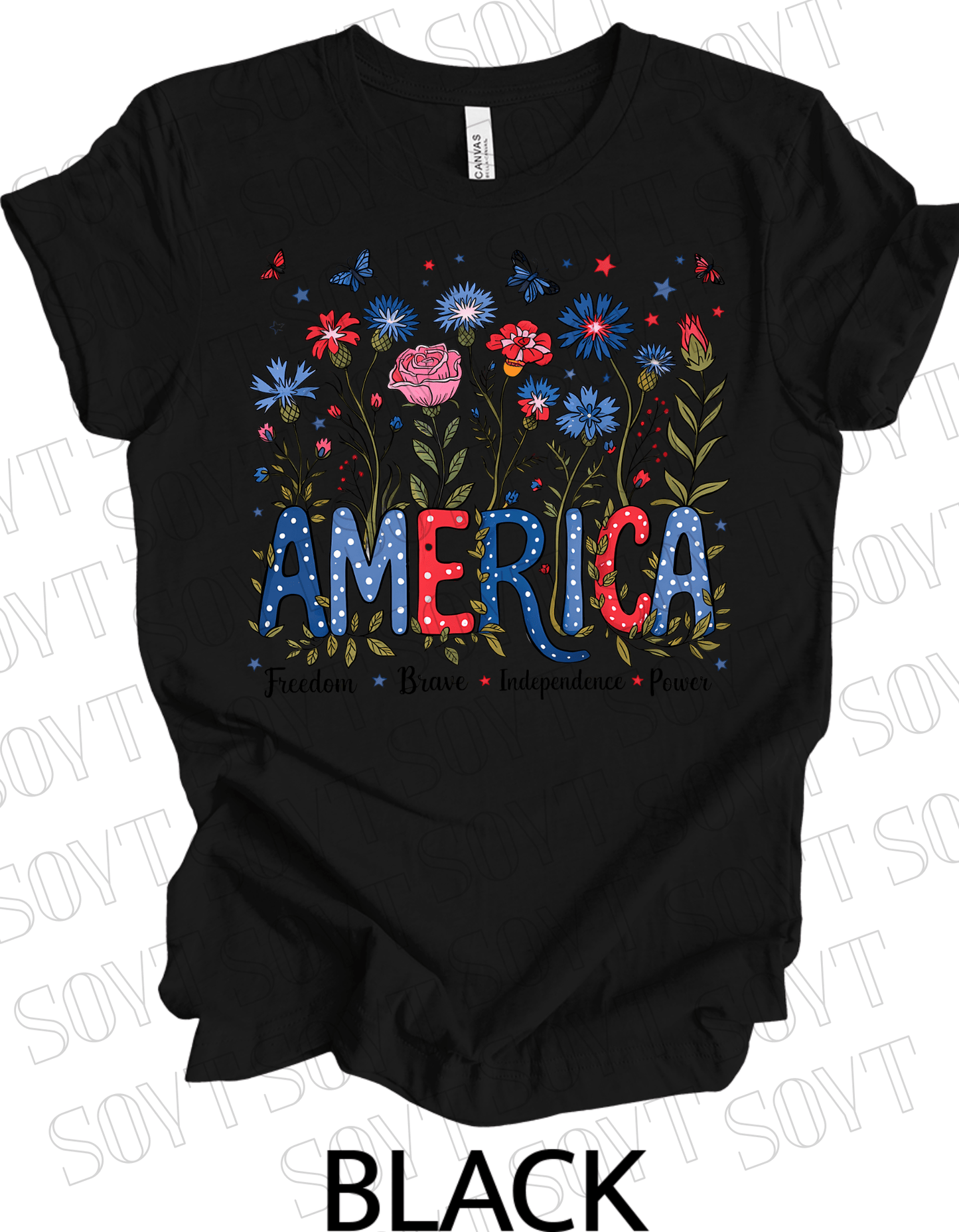 America Floral Patriotic T-Shirt – Bella+Canvas 4th of July Women’s Tee - Festive Apparel StoreBlack