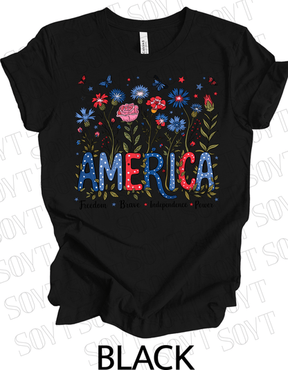 America Floral Patriotic T-Shirt – Bella+Canvas 4th of July Women’s Tee - Festive Apparel StoreBlack