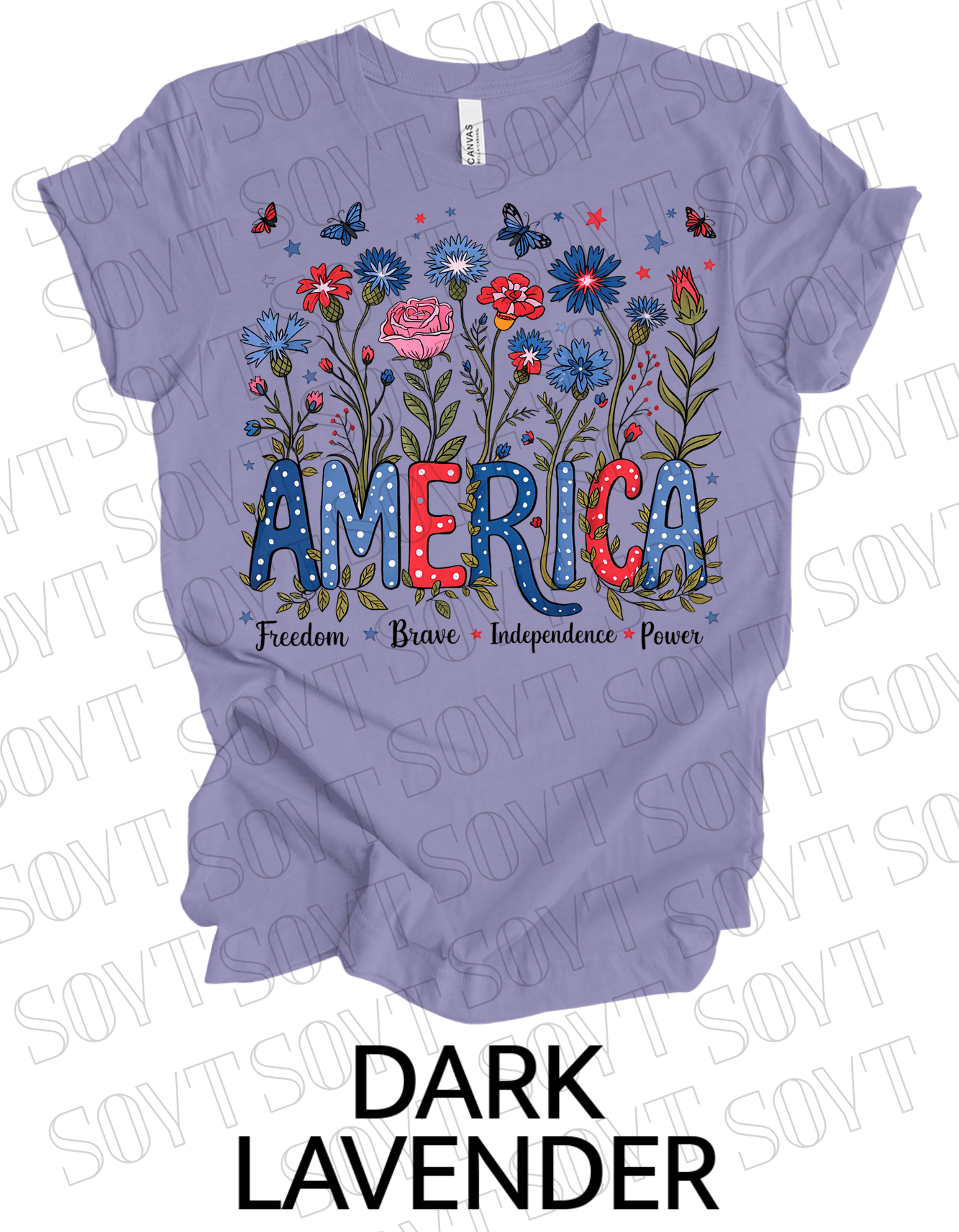 America Floral Patriotic T-Shirt – Bella+Canvas 4th of July Women’s Tee - Festive Apparel StoreDark Lavender