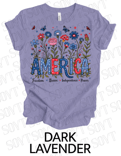 America Floral Patriotic T-Shirt – Bella+Canvas 4th of July Women’s Tee - Festive Apparel StoreDark Lavender