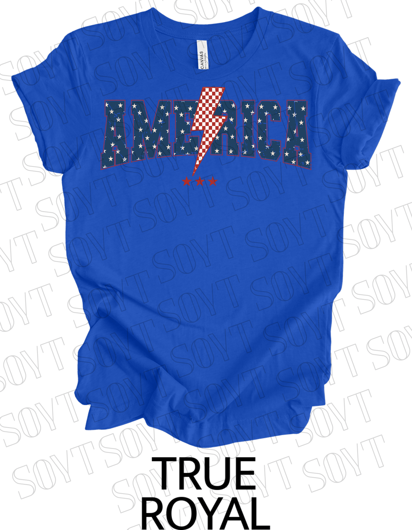 America Lightning Bolt T-Shirt – Patriotic Star Print Graphic Tee | Made in USA - Festive Apparel StoreRoyal Blue