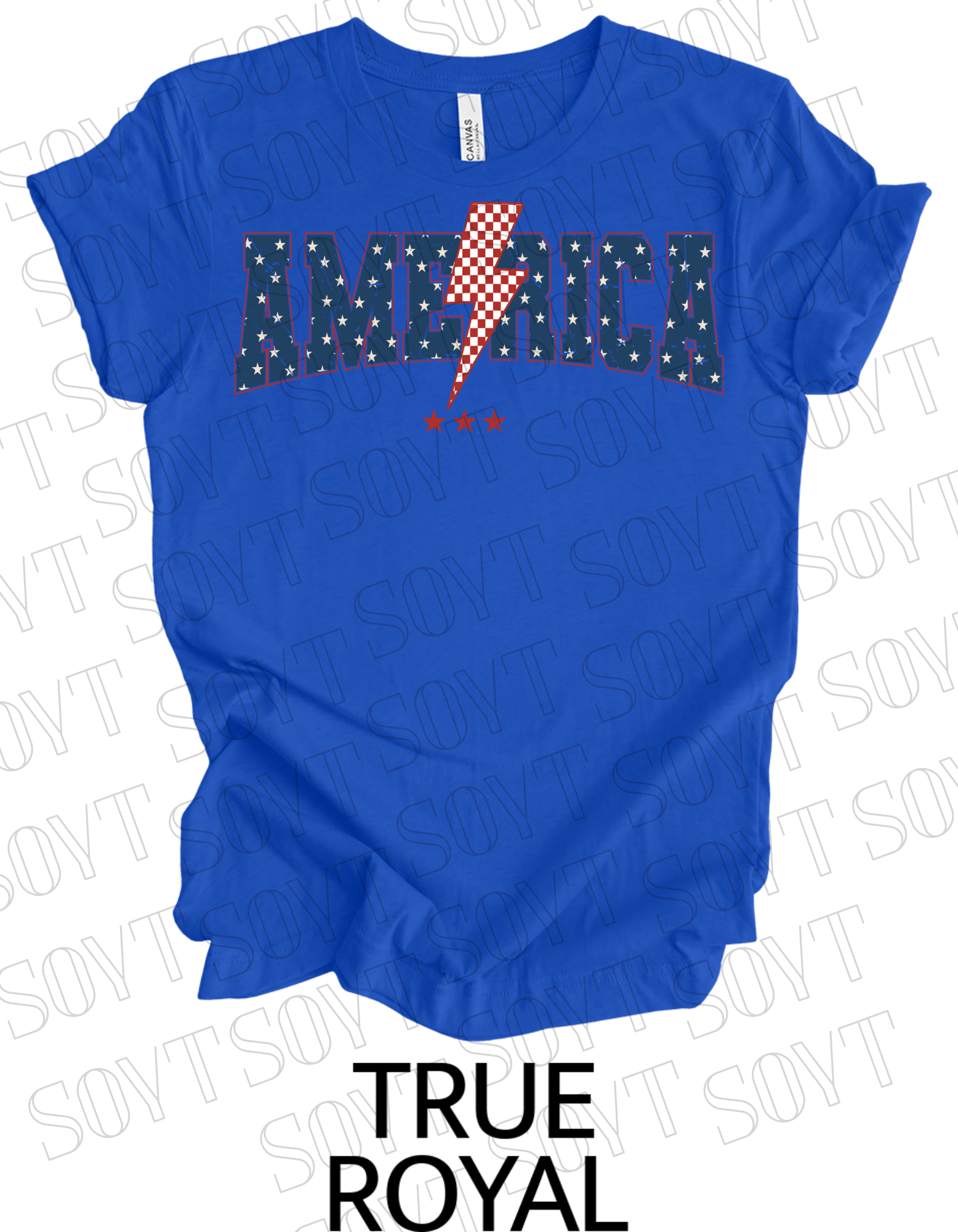 America Lightning Bolt T-Shirt – Patriotic Star Print Graphic Tee | Made in USA - Festive Apparel StoreRoyal Blue