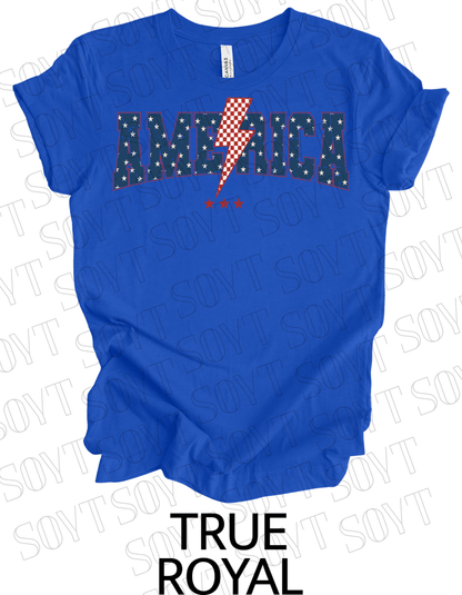 America Lightning Bolt T-Shirt – Patriotic Star Print Graphic Tee | Made in USA - Festive Apparel StoreRoyal Blue