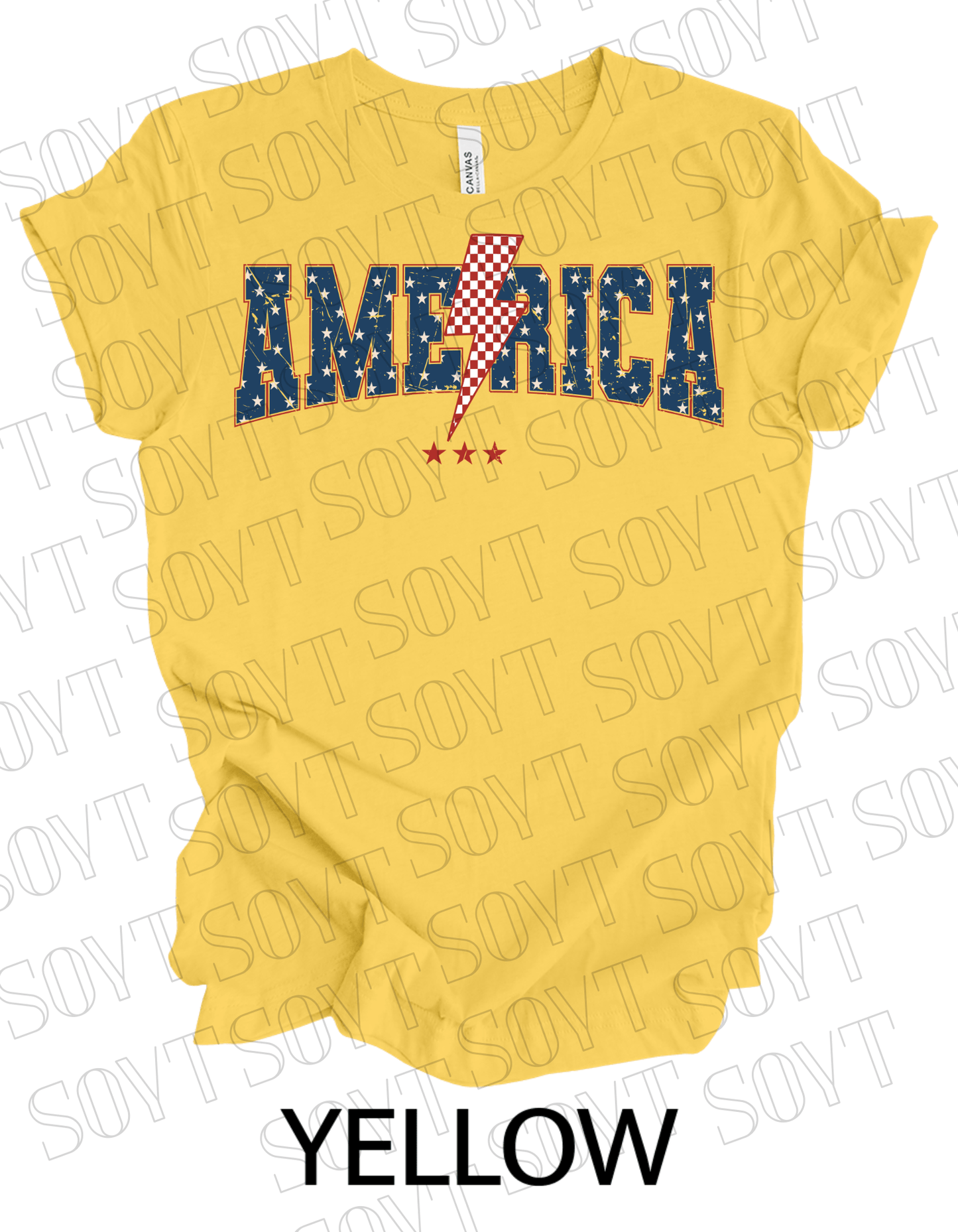 America Lightning Bolt T-Shirt – Patriotic Star Print Graphic Tee | Made in USA - Festive Apparel StoreYellow
