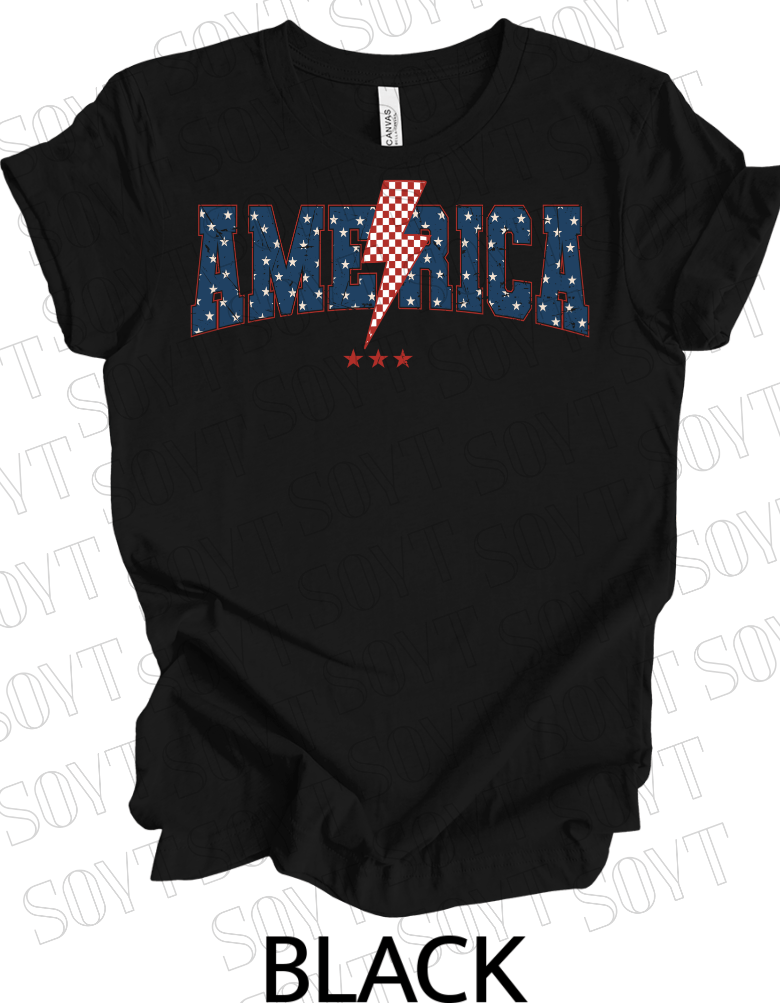 America Lightning Bolt T-Shirt – Patriotic Star Print Graphic Tee | Made in USA - Festive Apparel StoreBlack
