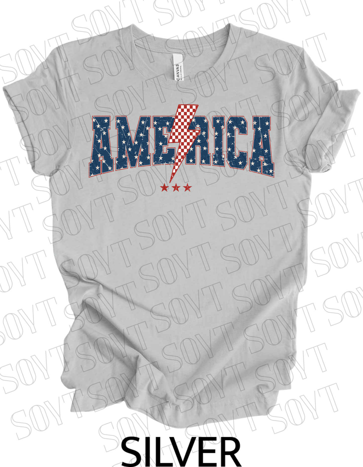 America Lightning Bolt T-Shirt – Patriotic Star Print Graphic Tee | Made in USA - Festive Apparel StoreSilver
