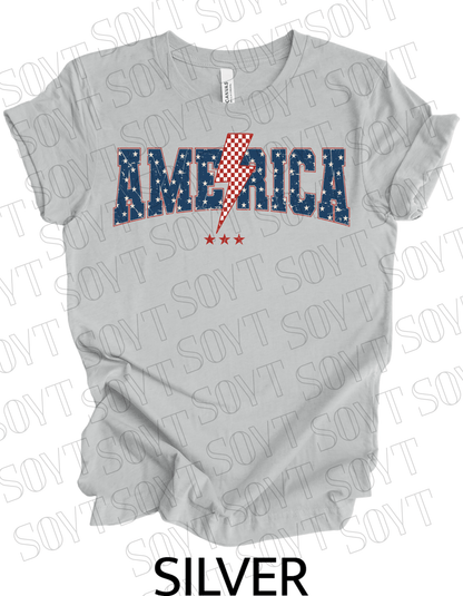America Lightning Bolt T-Shirt – Patriotic Star Print Graphic Tee | Made in USA - Festive Apparel StoreSilver