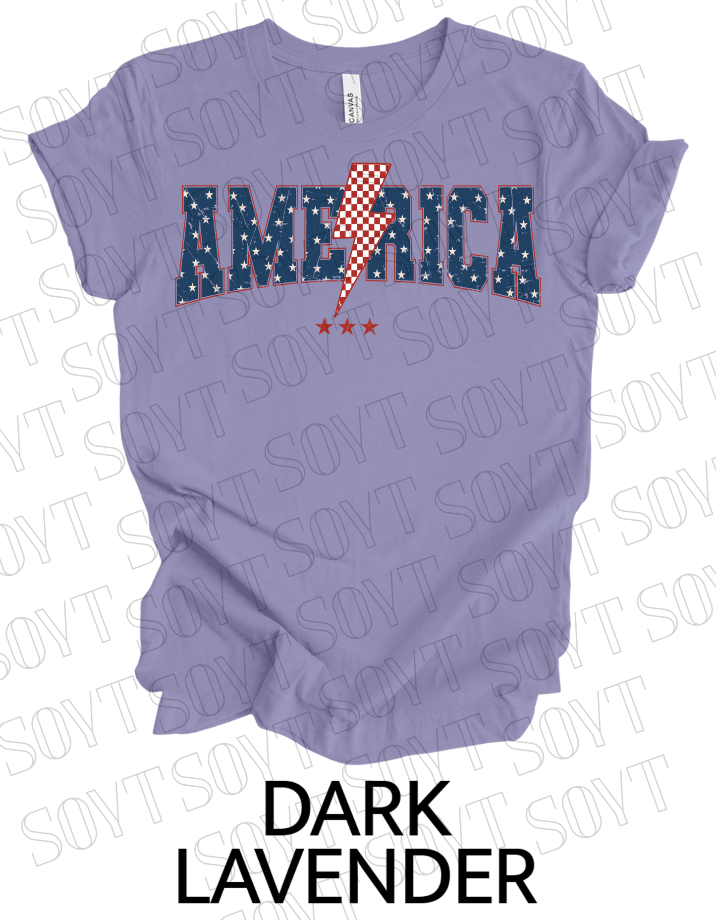 America Lightning Bolt T-Shirt – Patriotic Star Print Graphic Tee | Made in USA - Festive Apparel StoreDark Lavender