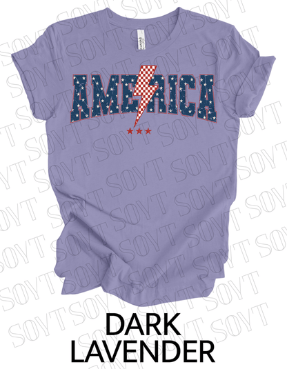 America Lightning Bolt T-Shirt – Patriotic Star Print Graphic Tee | Made in USA - Festive Apparel StoreDark Lavender