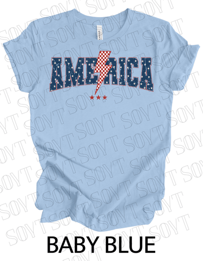 America Lightning Bolt T-Shirt – Patriotic Star Print Graphic Tee | Made in USA - Festive Apparel StoreBaby Blue