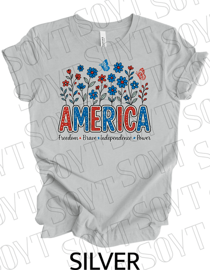 America Wildflower Power T-Shirt – Bella+Canvas Patriotic Nature Tee - Festive Apparel StoreSilver