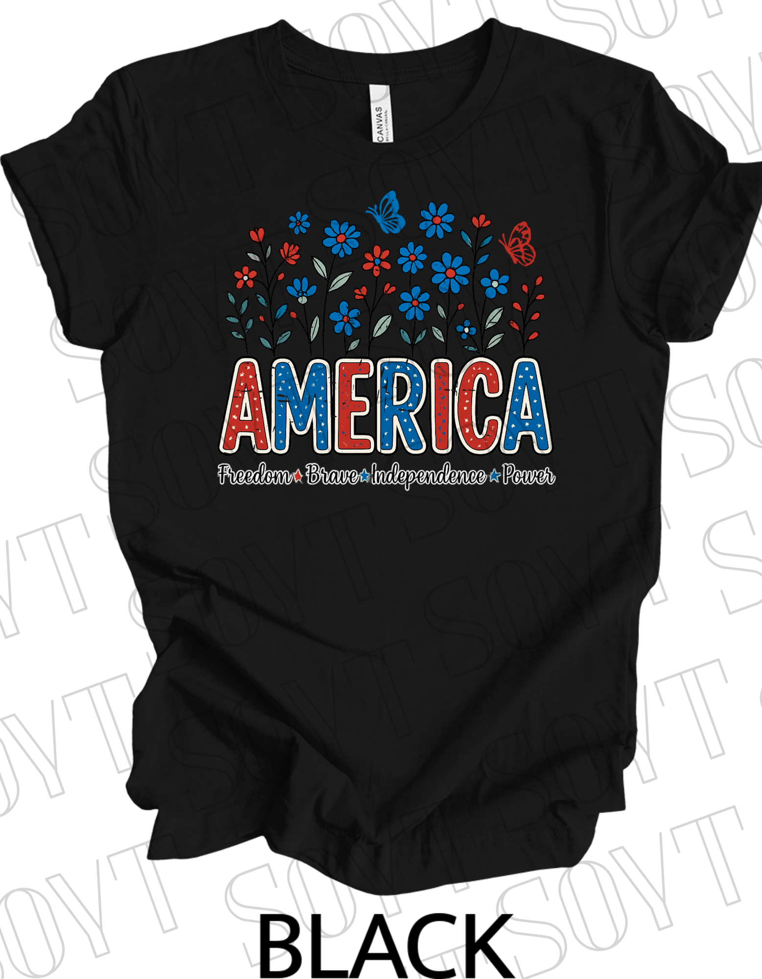 America Wildflower Power T-Shirt – Bella+Canvas Patriotic Nature Tee - Festive Apparel StoreBlack