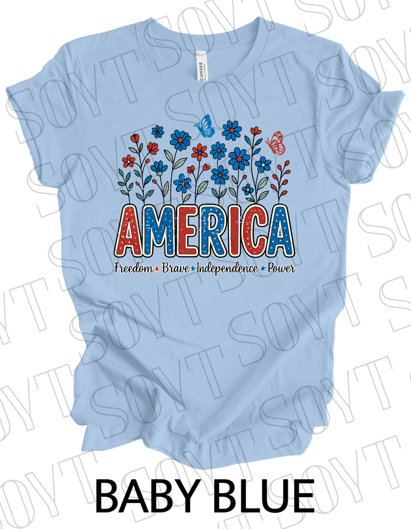 America Wildflower Power T-Shirt – Bella+Canvas Patriotic Nature Tee - Festive Apparel StoreBaby Blue