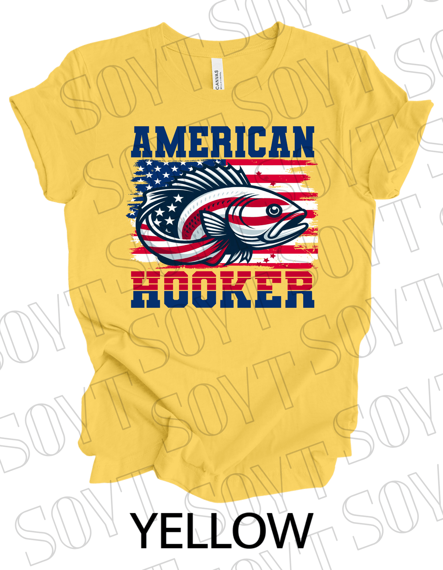 American Hooker Fishing T-Shirt – Bella+Canvas Patriotic Angler Tee - Festive Apparel StoreYellow