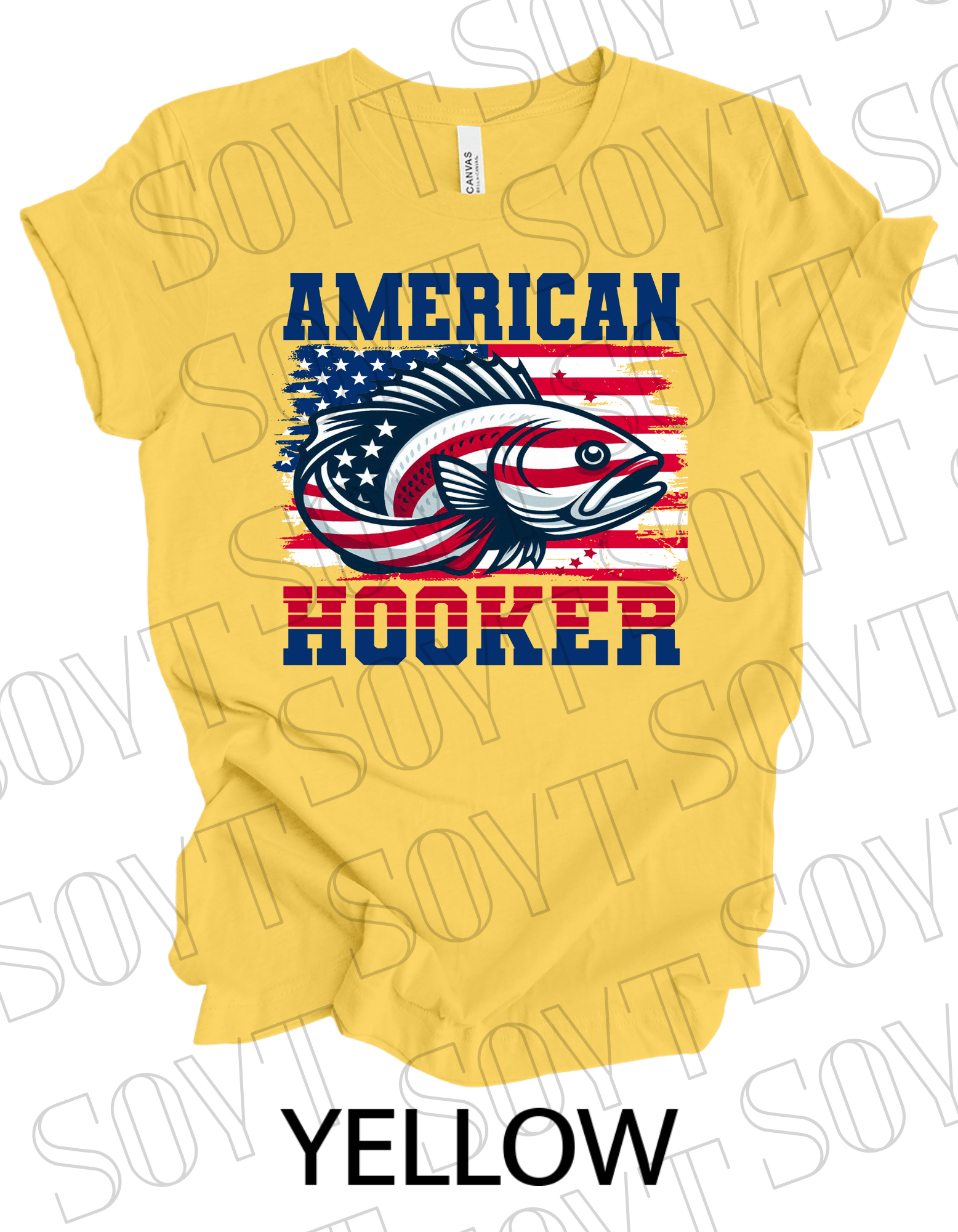 American Hooker Fishing T-Shirt – Bella+Canvas Patriotic Angler Tee - Festive Apparel StoreYellow