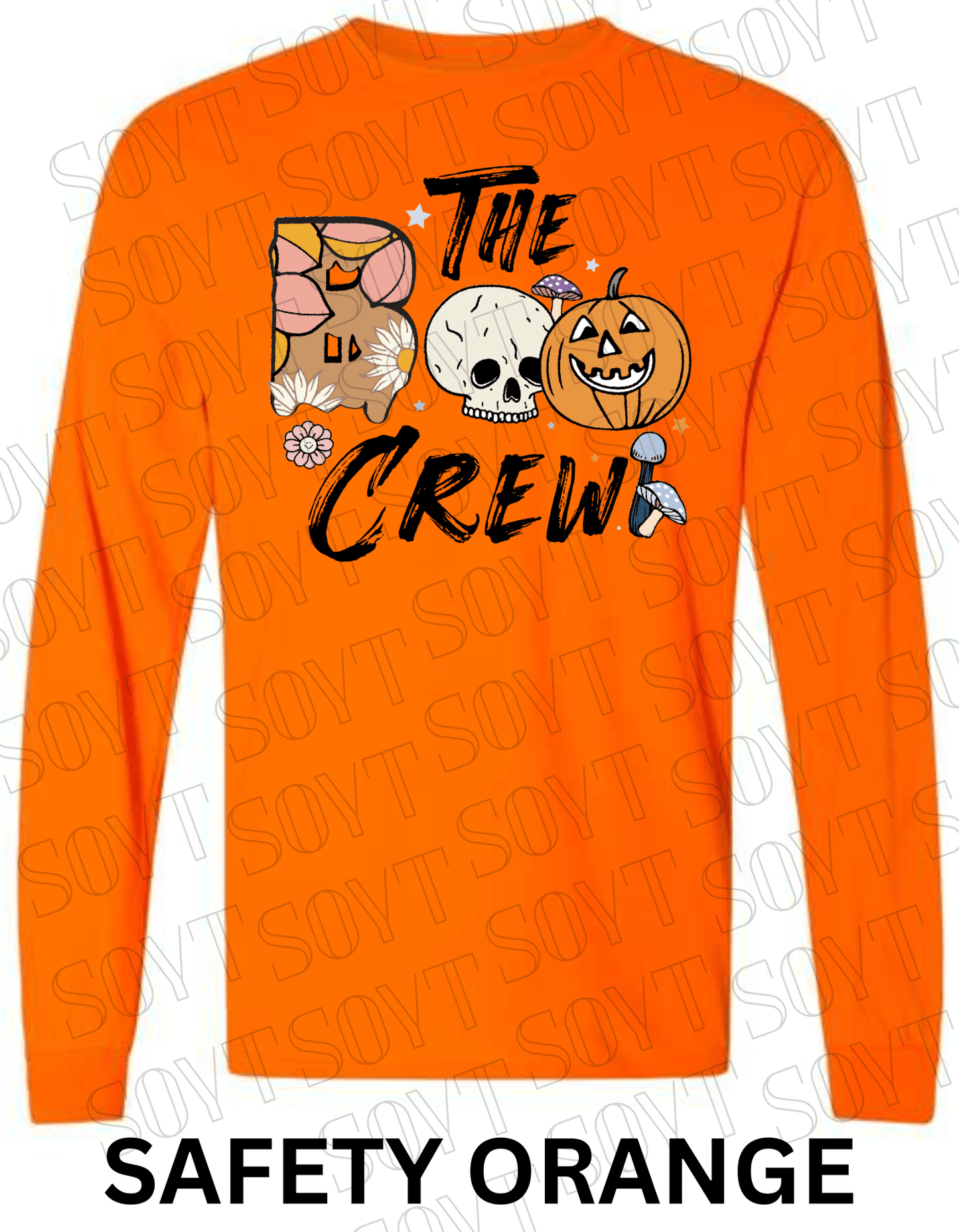 Boo The Crew Halloween Long Sleeve – Skull, Pumpkin, Retro Floral & Mushroom Shirt - Festive Apparel StoreSafety Orange