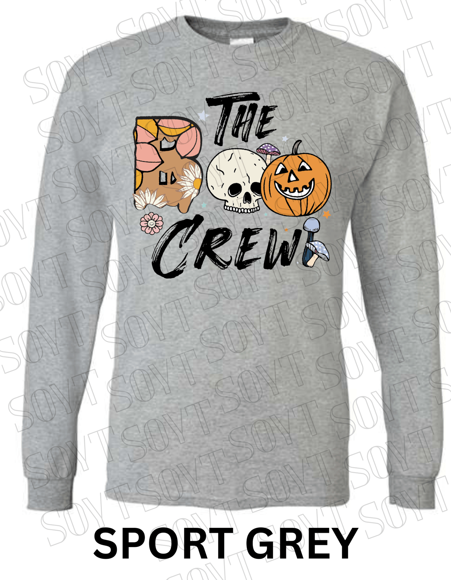 Boo The Crew Halloween Long Sleeve – Skull, Pumpkin, Retro Floral & Mushroom Shirt - Festive Apparel StoreSport Grey