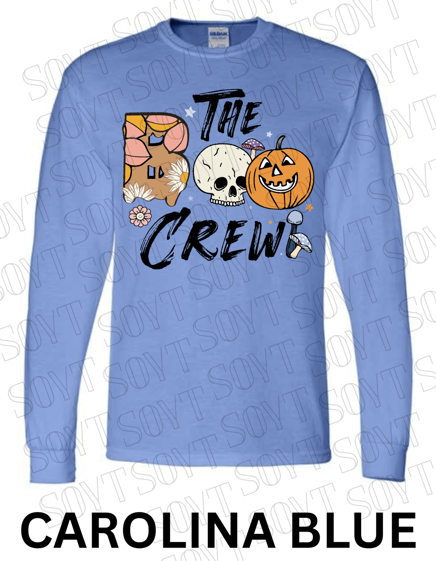 Boo The Crew Halloween Long Sleeve – Skull, Pumpkin, Retro Floral & Mushroom Shirt - Festive Apparel StoreCarolina Blue