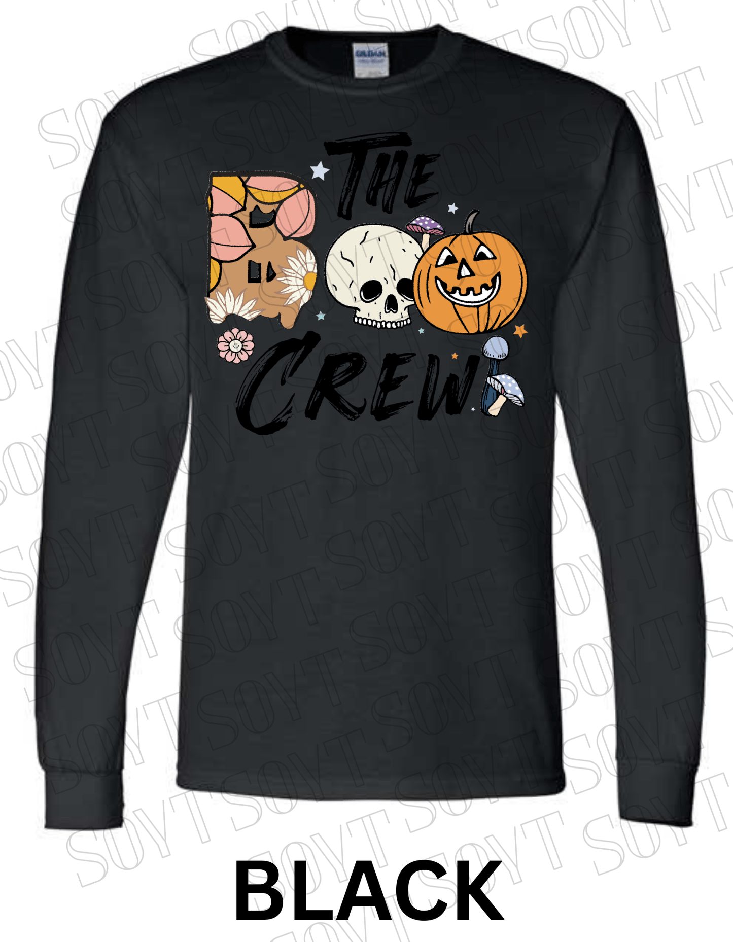 Boo The Crew Halloween Long Sleeve – Skull, Pumpkin, Retro Floral & Mushroom Shirt - Festive Apparel StoreBlack