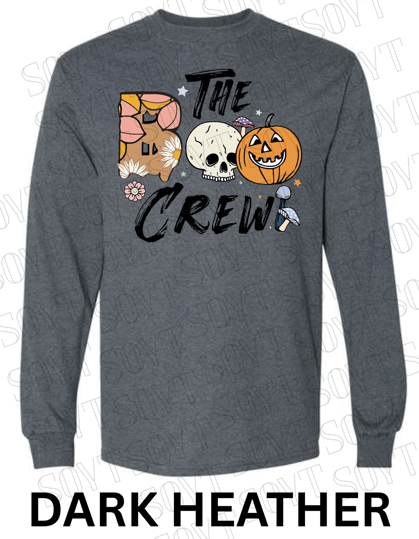 Boo The Crew Halloween Long Sleeve – Skull, Pumpkin, Retro Floral & Mushroom Shirt - Festive Apparel StoreDark Heather
