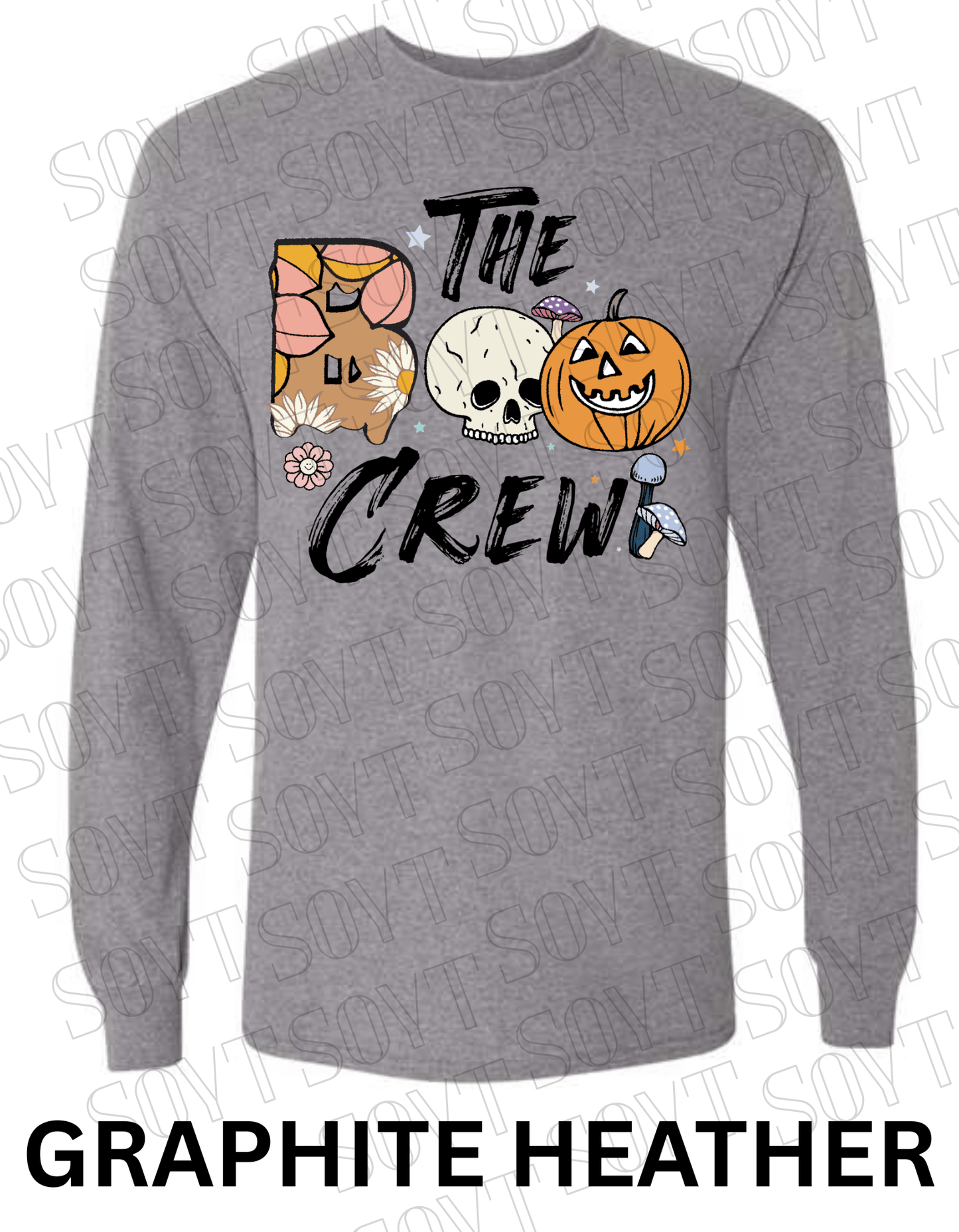Boo The Crew Halloween Long Sleeve – Skull, Pumpkin, Retro Floral & Mushroom Shirt - Festive Apparel StoreGraphite Heather