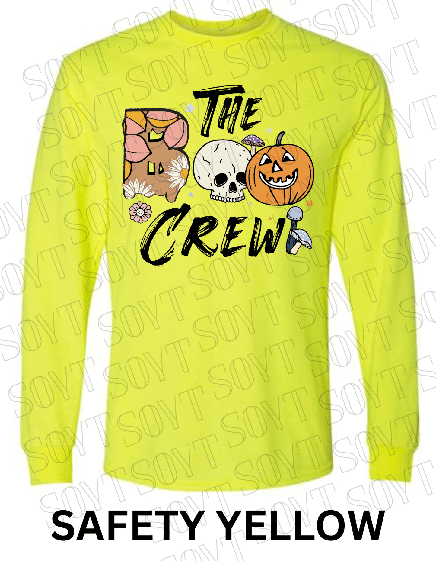 Boo The Crew Halloween Long Sleeve – Skull, Pumpkin, Retro Floral & Mushroom Shirt - Festive Apparel StoreSafety Yellow