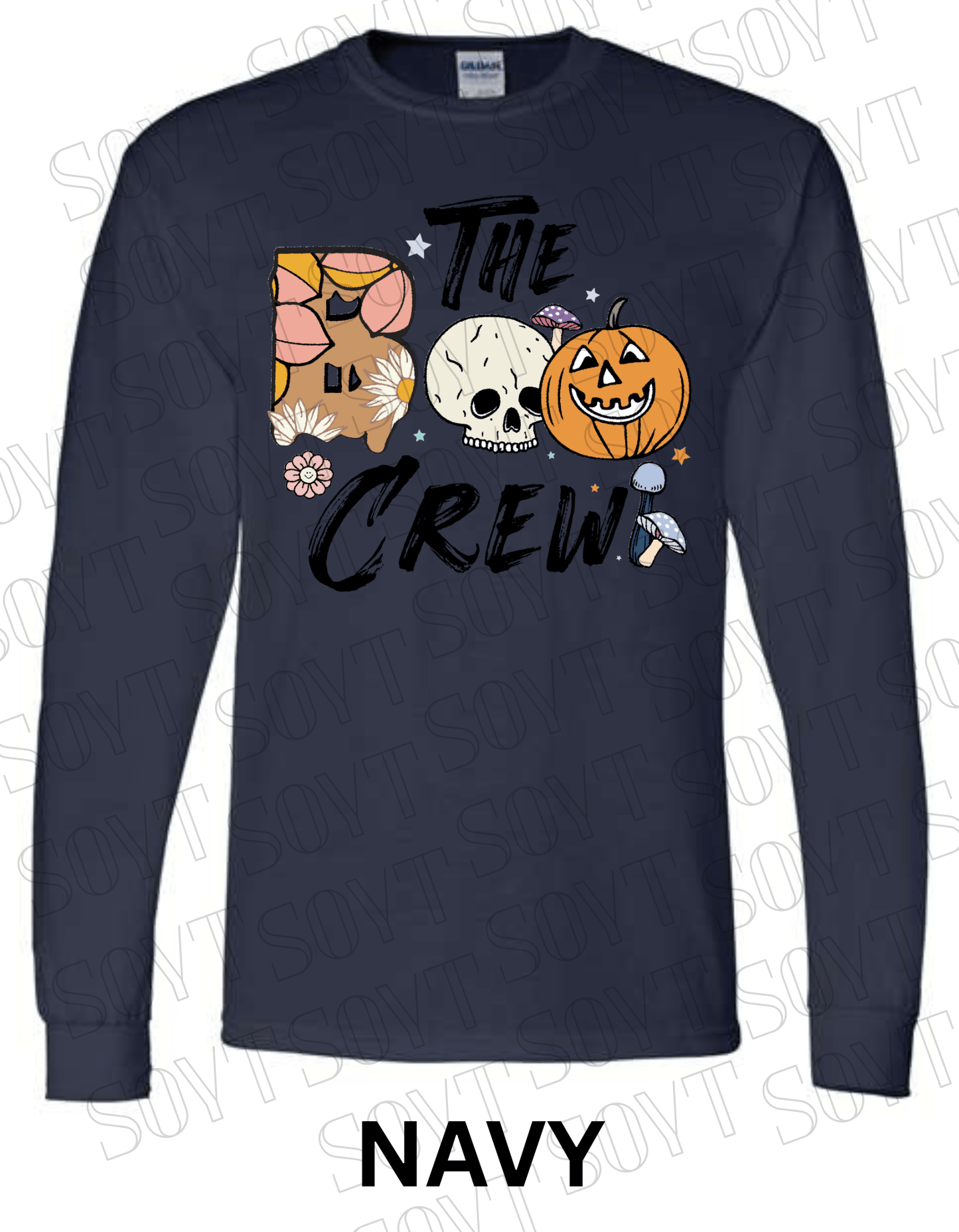 Boo The Crew Halloween Long Sleeve – Skull, Pumpkin, Retro Floral & Mushroom Shirt - Festive Apparel StoreNavy Blue