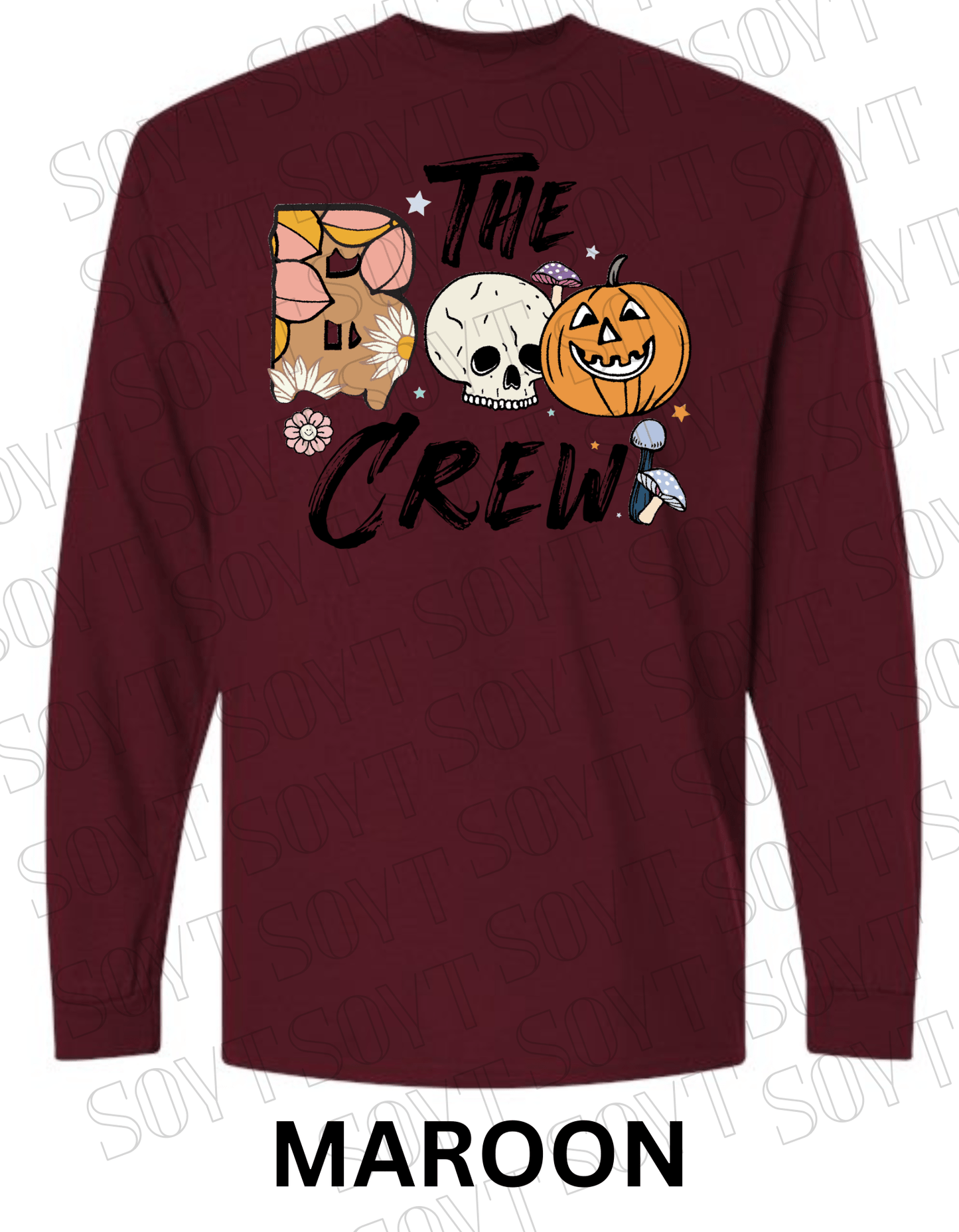 Boo The Crew Halloween Long Sleeve – Skull, Pumpkin, Retro Floral & Mushroom Shirt - Festive Apparel StoreMaroon