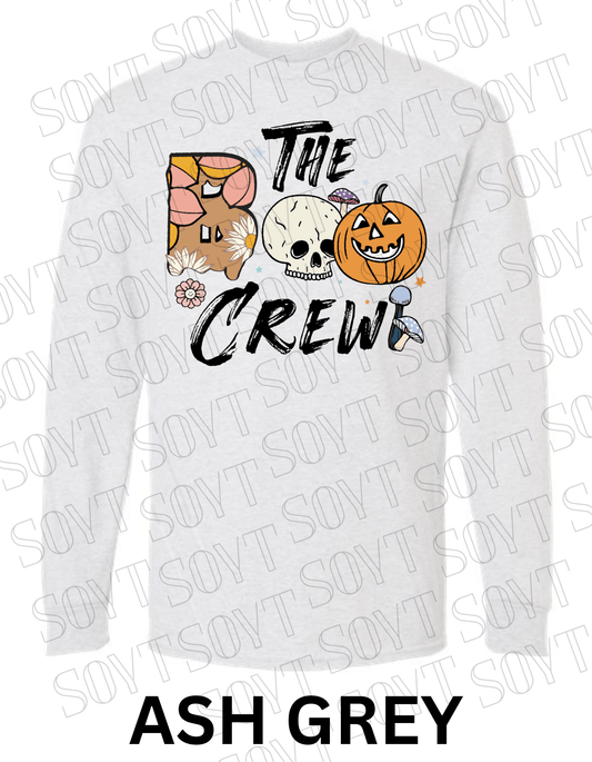Boo The Crew Halloween Long Sleeve – Skull, Pumpkin, Retro Floral & Mushroom Shirt - Festive Apparel StoreAsh Gray