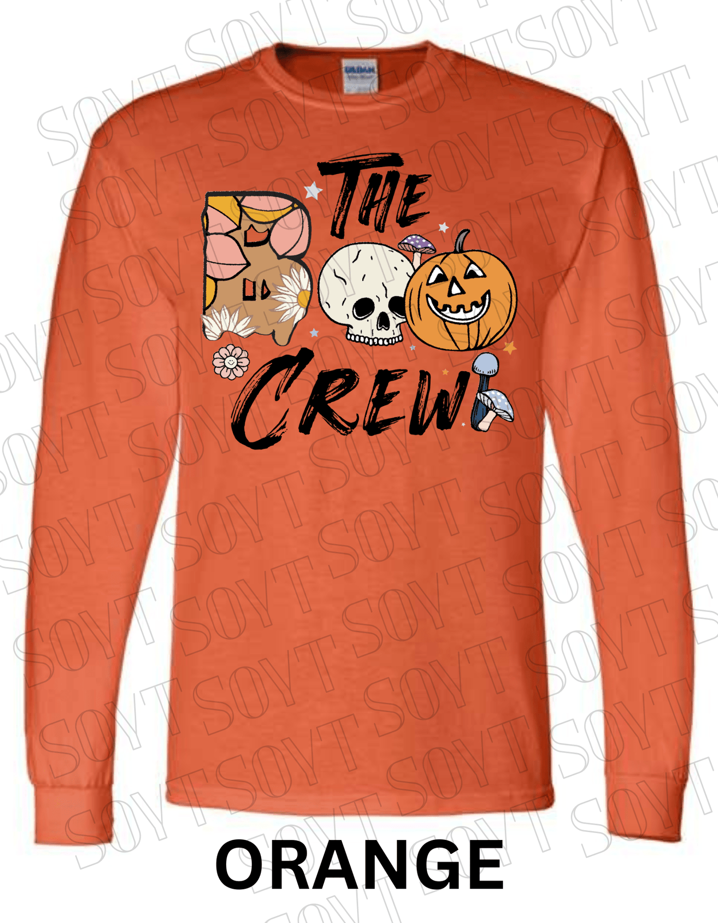 Boo The Crew Halloween Long Sleeve – Skull, Pumpkin, Retro Floral & Mushroom Shirt - Festive Apparel StoreOrange