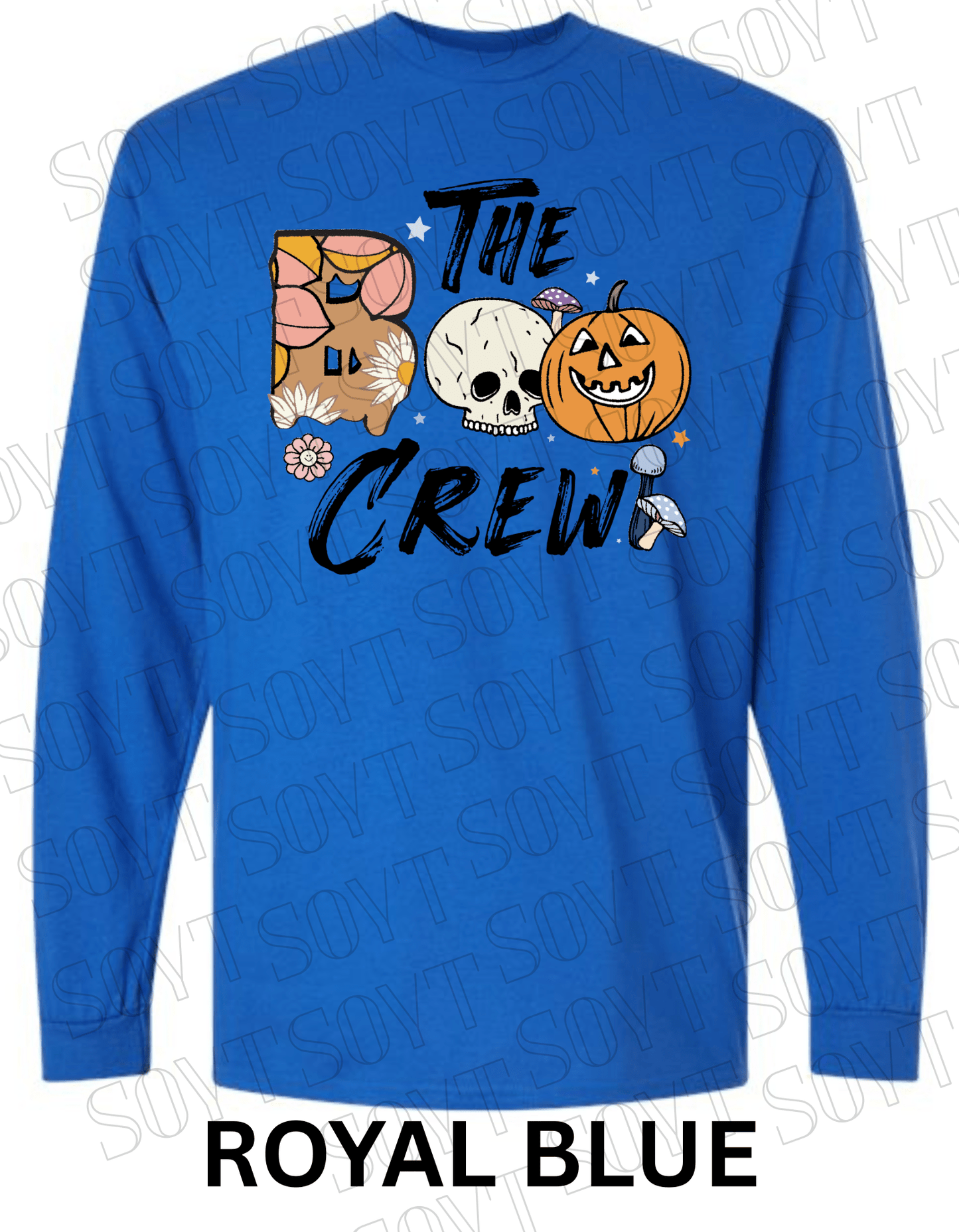 Boo The Crew Halloween Long Sleeve – Skull, Pumpkin, Retro Floral & Mushroom Shirt - Festive Apparel StoreRoyal Blue