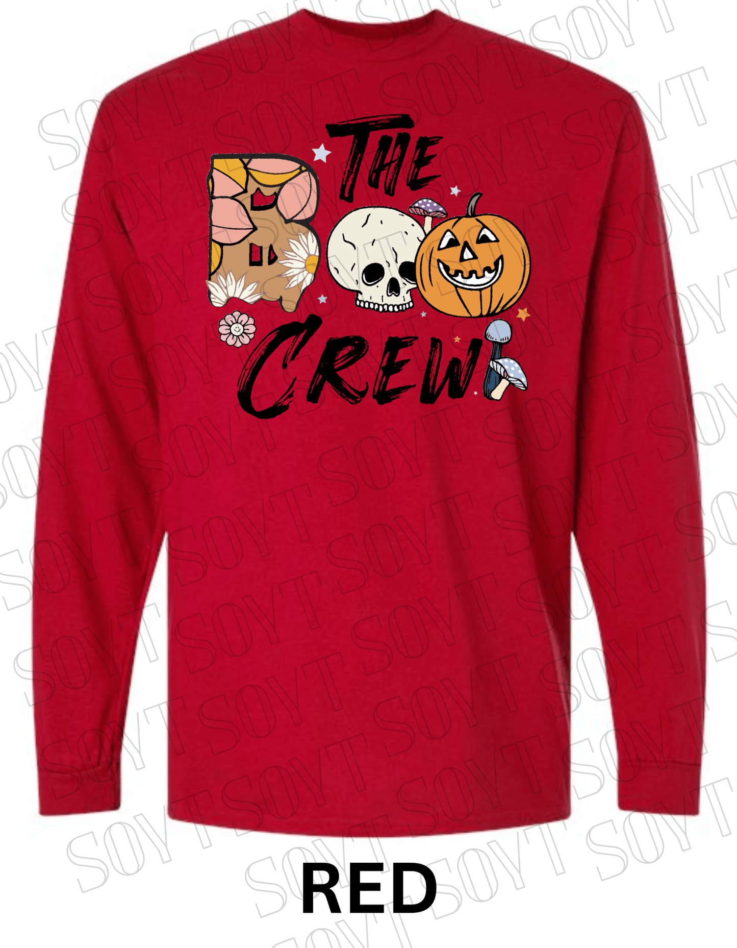 Boo The Crew Halloween Long Sleeve – Skull, Pumpkin, Retro Floral & Mushroom Shirt - Festive Apparel StoreRed