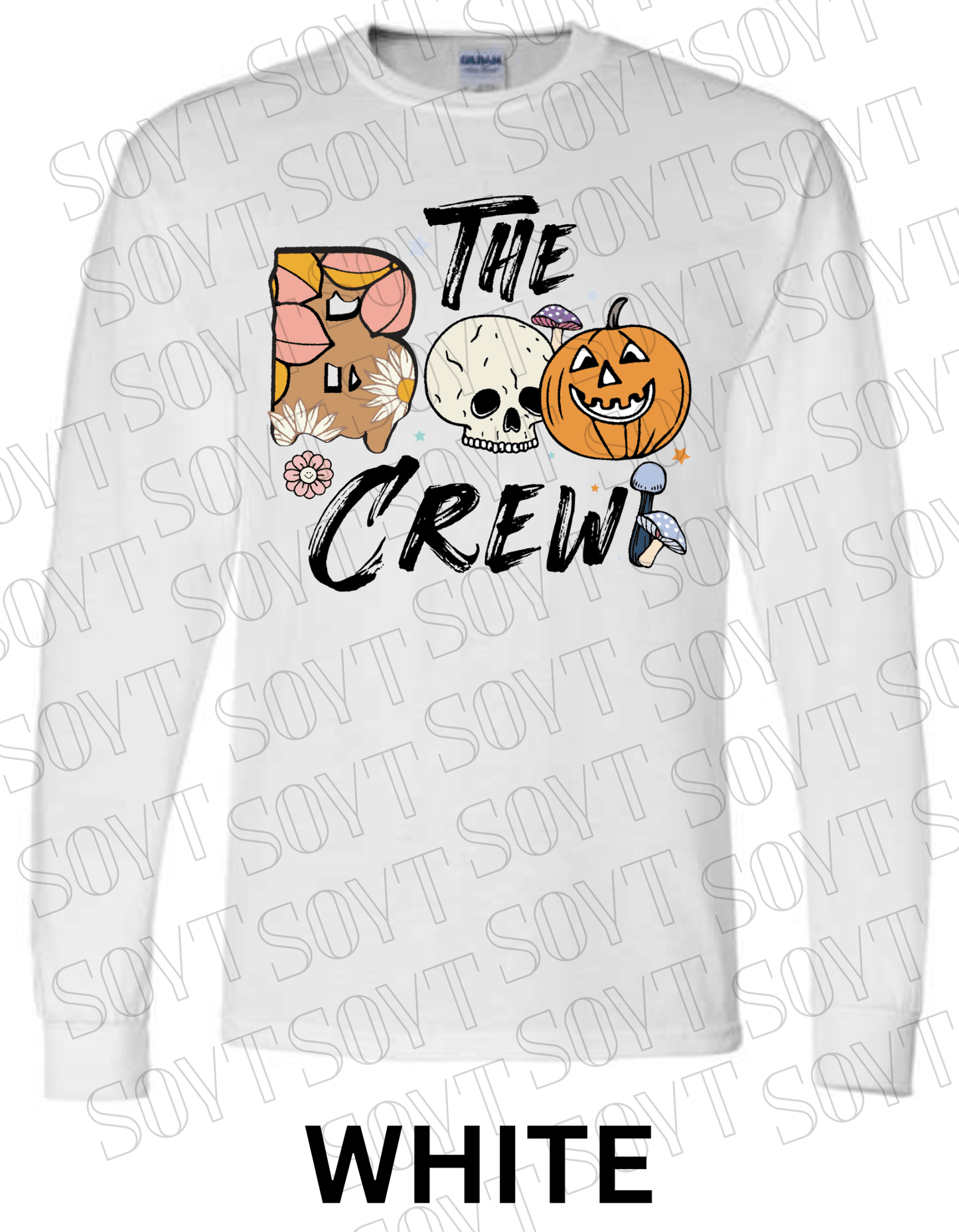 Boo The Crew Halloween Long Sleeve – Skull, Pumpkin, Retro Floral & Mushroom Shirt - Festive Apparel StoreWhite