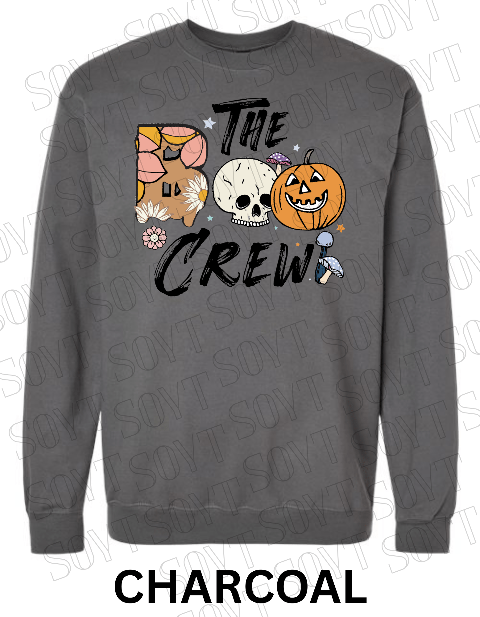 Boo The Crew Halloween Sweatshirt – Skull, Pumpkin, Retro Florals & Mushroom Fleece Pullover - Festive Apparel StoreCharcoal