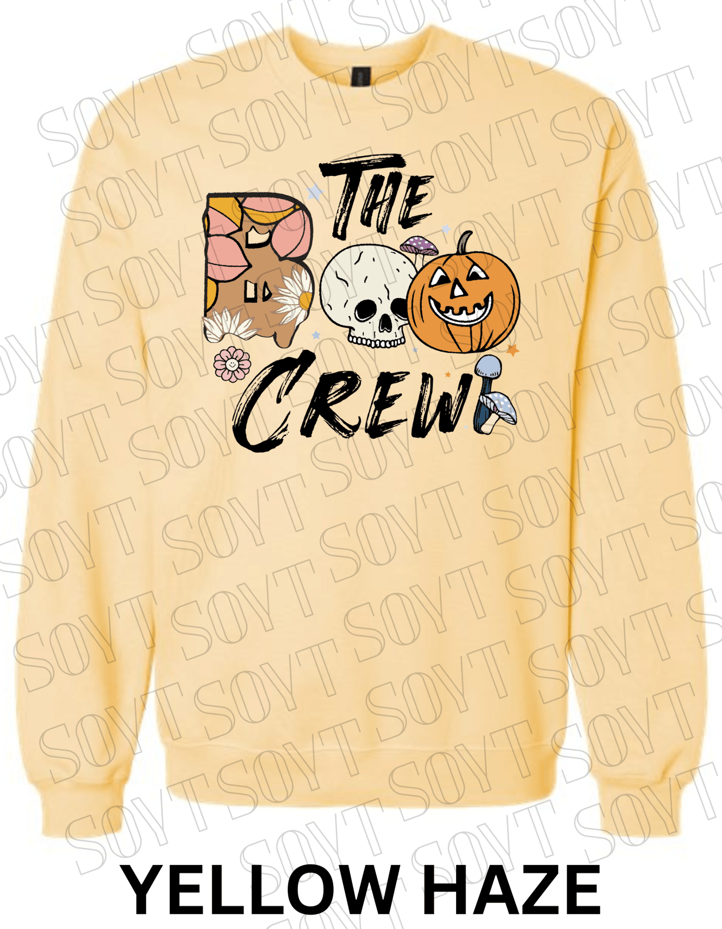Boo The Crew Halloween Sweatshirt – Skull, Pumpkin, Retro Florals & Mushroom Fleece Pullover - Festive Apparel StoreYellow Haze