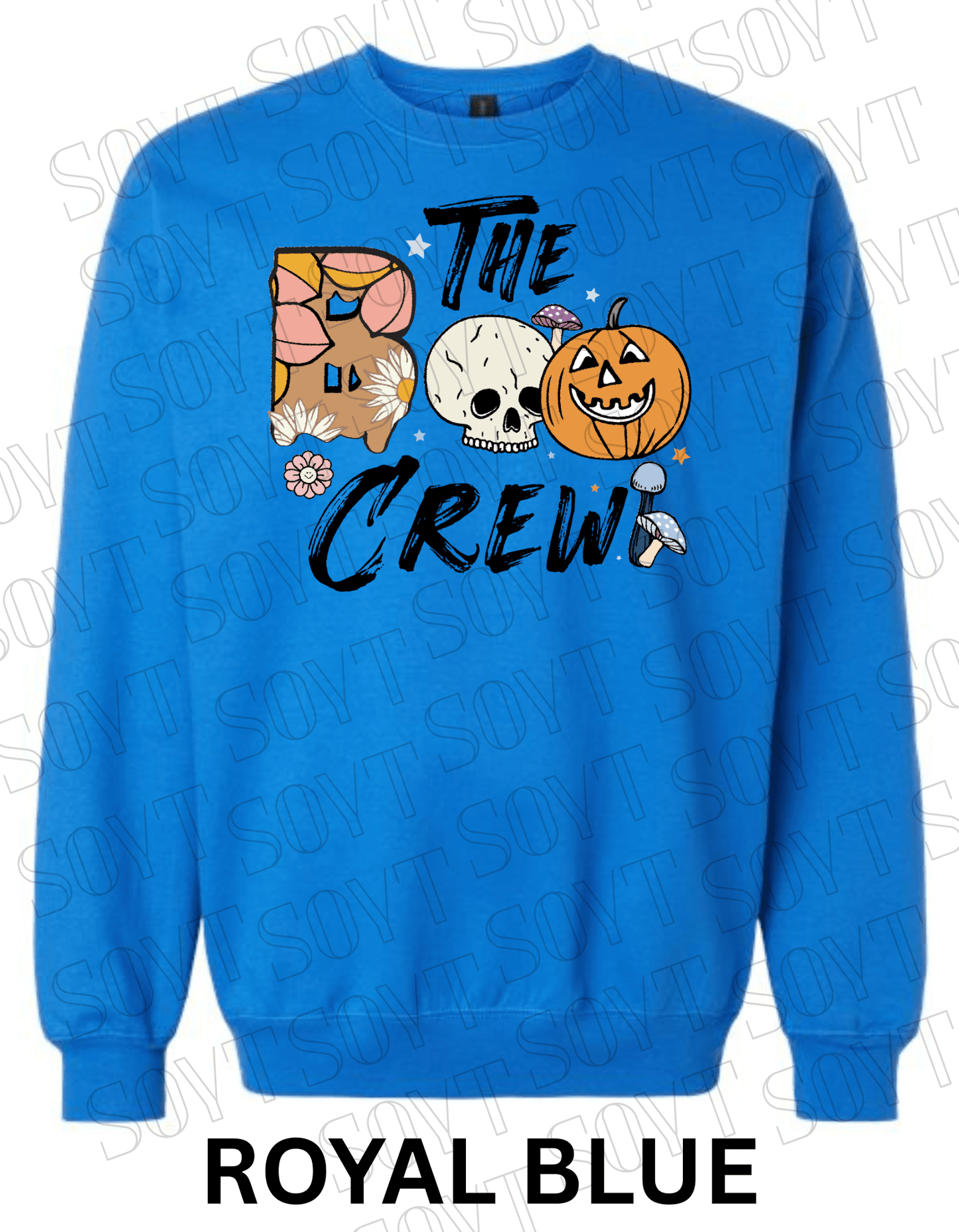 Boo The Crew Halloween Sweatshirt – Skull, Pumpkin, Retro Florals & Mushroom Fleece Pullover - Festive Apparel StoreRoyal Blue