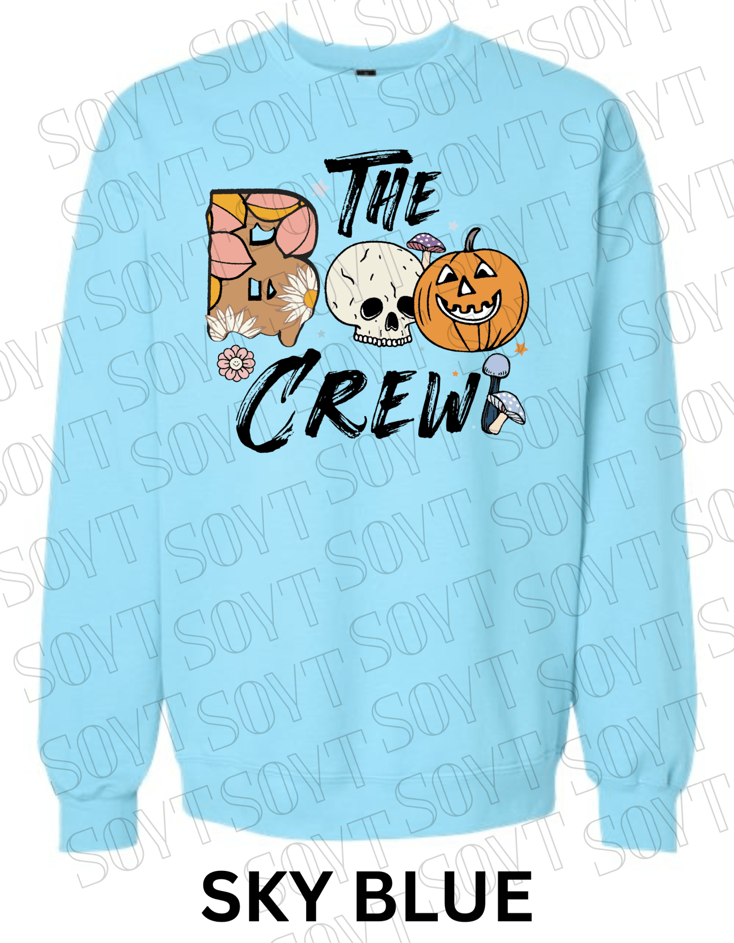 Boo The Crew Halloween Sweatshirt – Skull, Pumpkin, Retro Florals & Mushroom Fleece Pullover - Festive Apparel StoreSky Blue