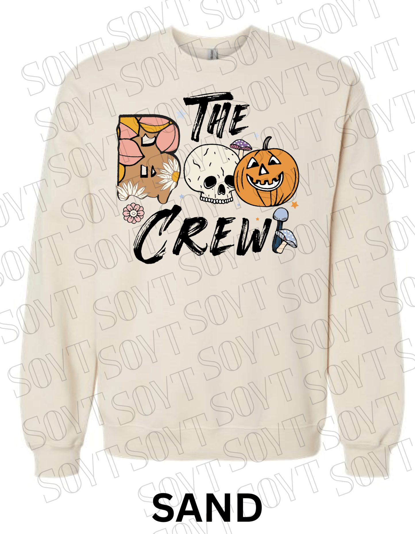 Boo The Crew Halloween Sweatshirt – Skull, Pumpkin, Retro Florals & Mushroom Fleece Pullover - Festive Apparel StoreSand