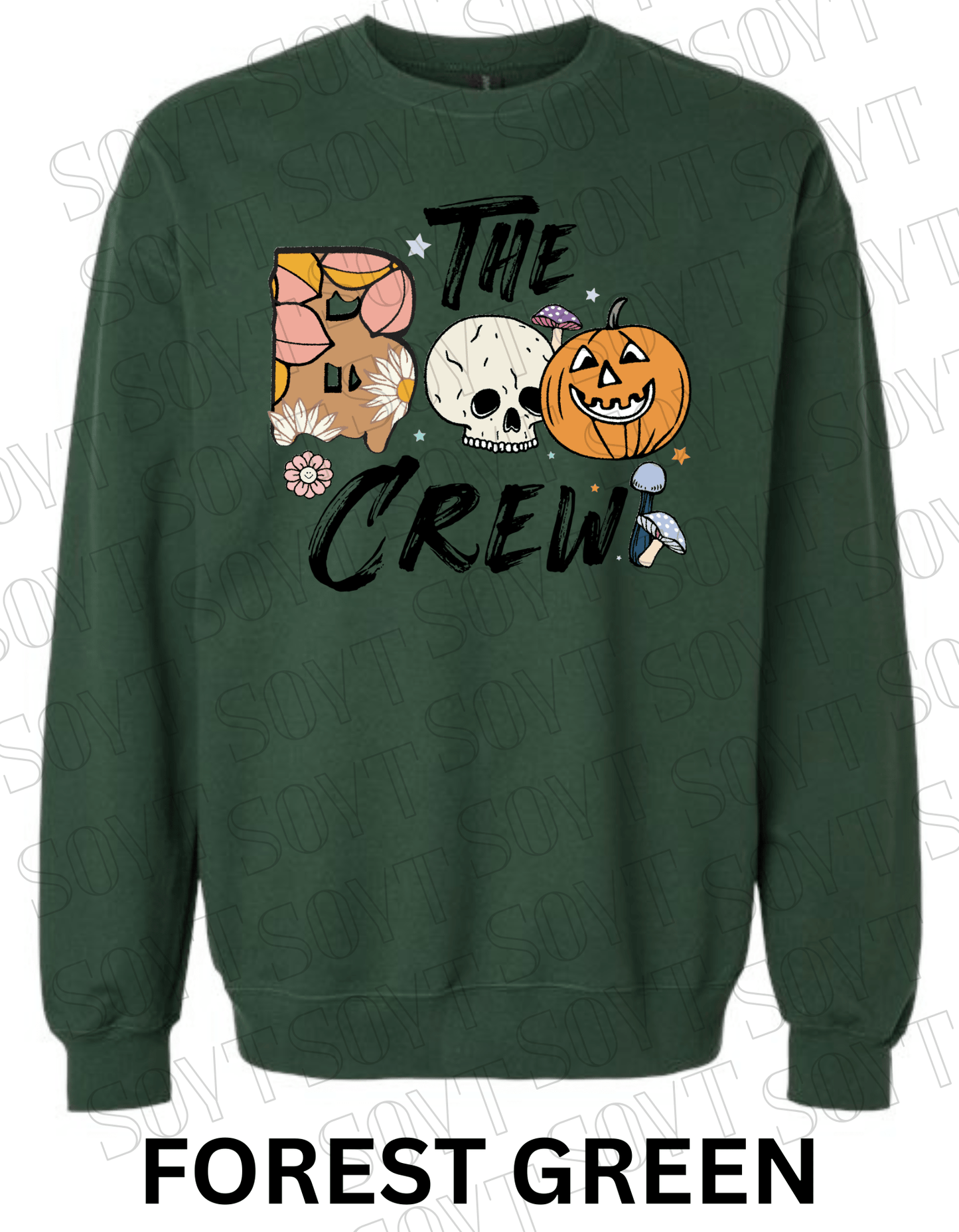 Boo The Crew Halloween Sweatshirt – Skull, Pumpkin, Retro Florals & Mushroom Fleece Pullover - Festive Apparel StoreForest Green