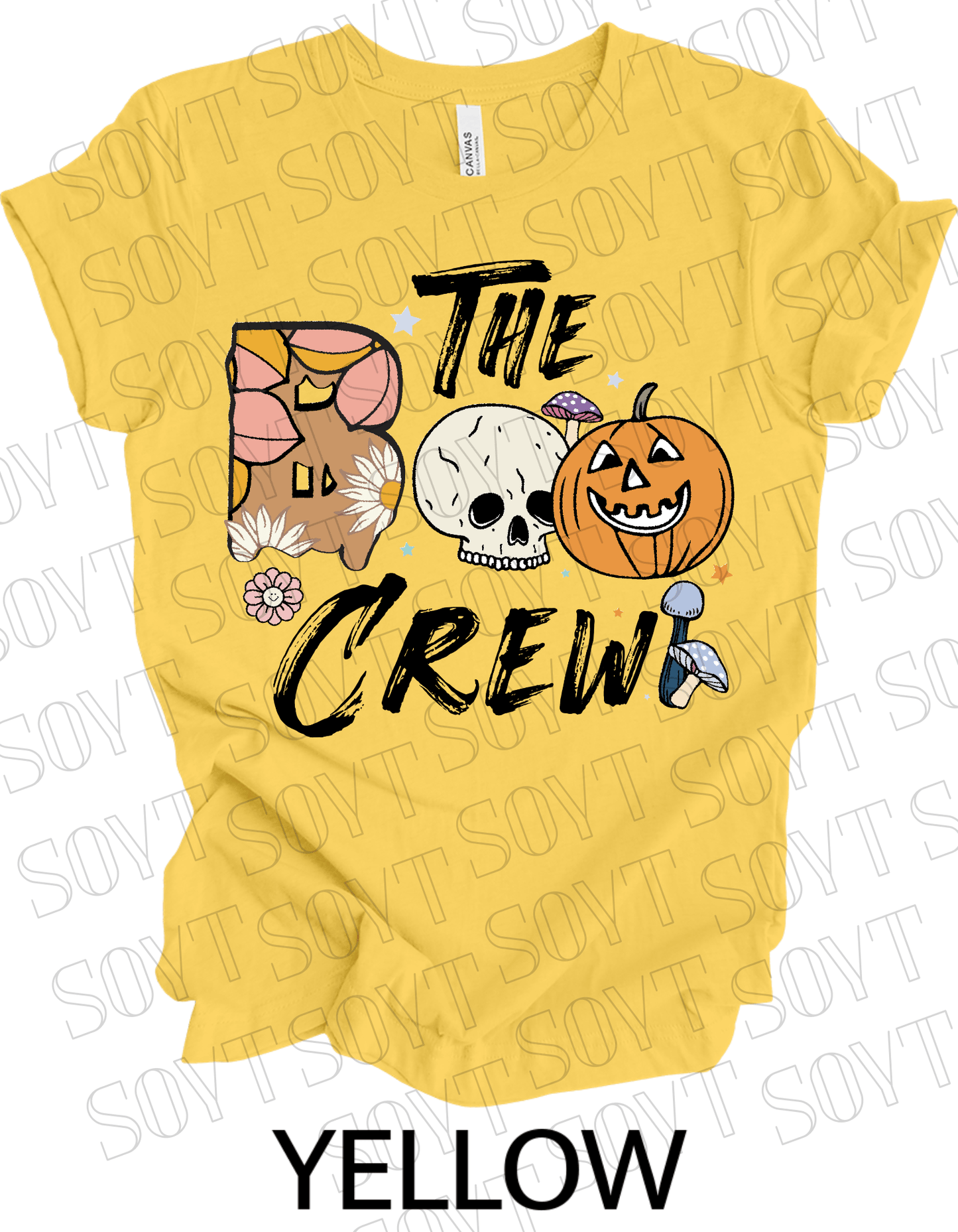 Boo The Crew Halloween T-Shirt – Skull, Pumpkin, Retro Florals & Mushroom Graphic Tee - Festive Apparel StoreYellow