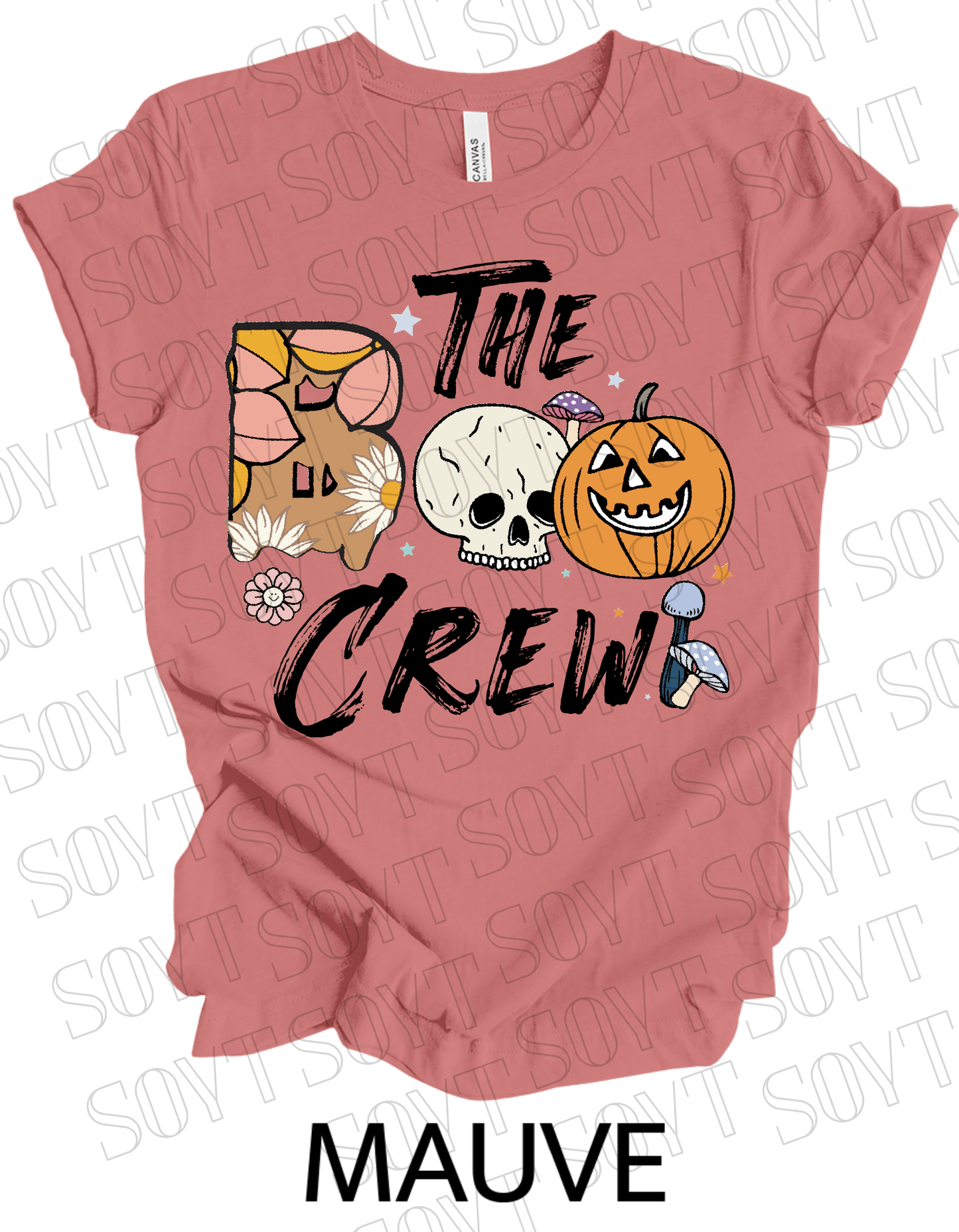 Boo The Crew Halloween T-Shirt – Skull, Pumpkin, Retro Florals & Mushroom Graphic Tee - Festive Apparel StoreMauve