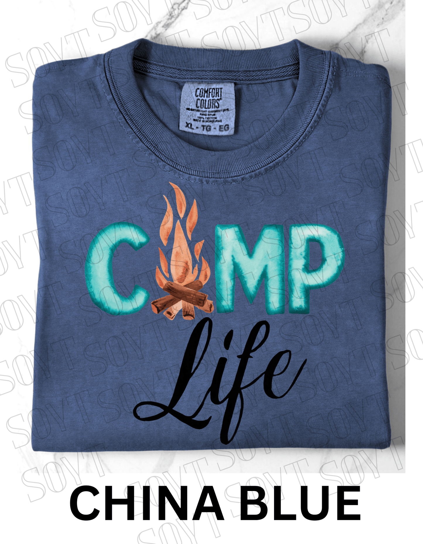 Camp Life Campfire T-Shirt – Rustic Outdoor Living Graphic Tee - Festive Apparel StoreChina Blue