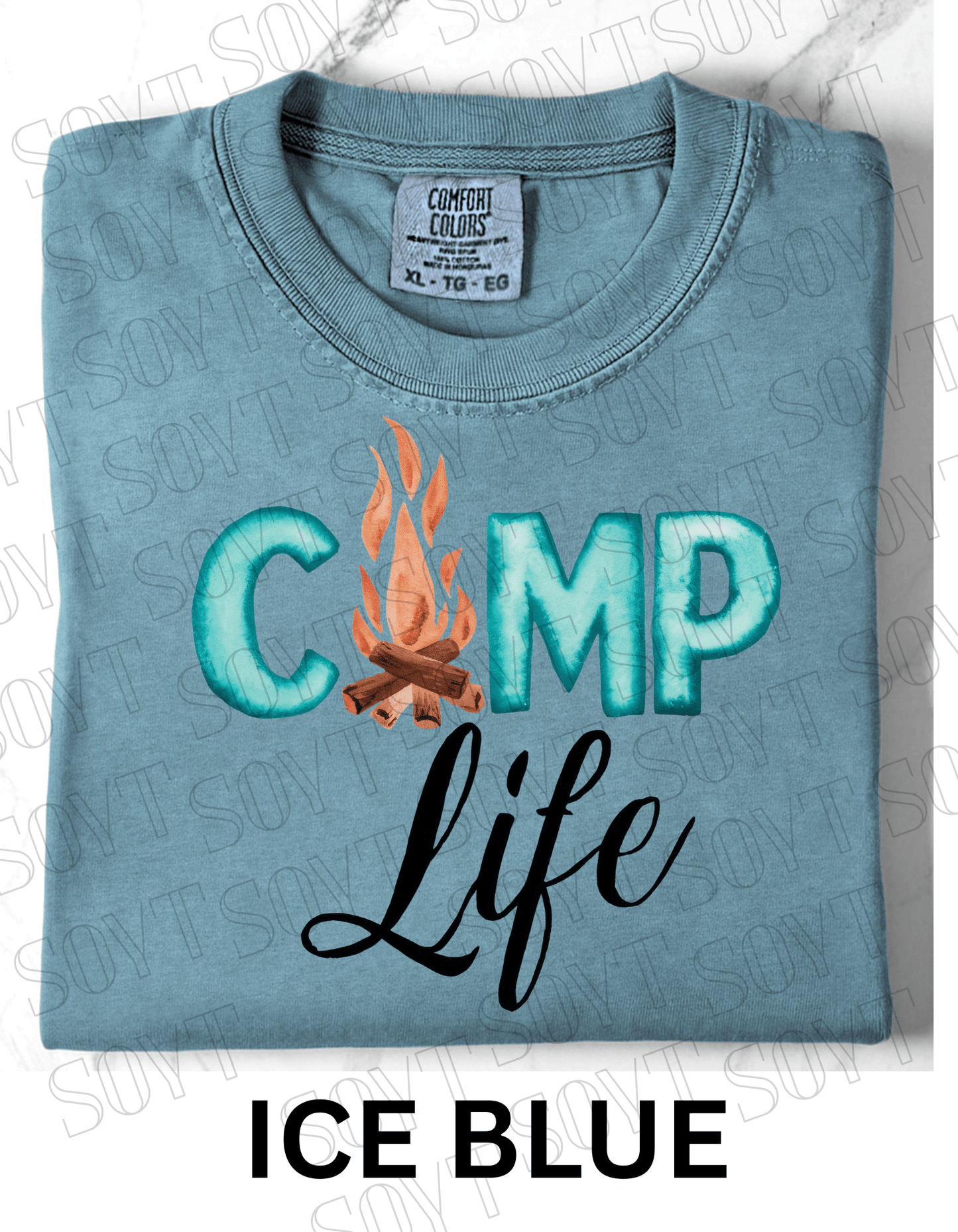 Camp Life Campfire T-Shirt – Rustic Outdoor Living Graphic Tee - Festive Apparel StoreIce Blue