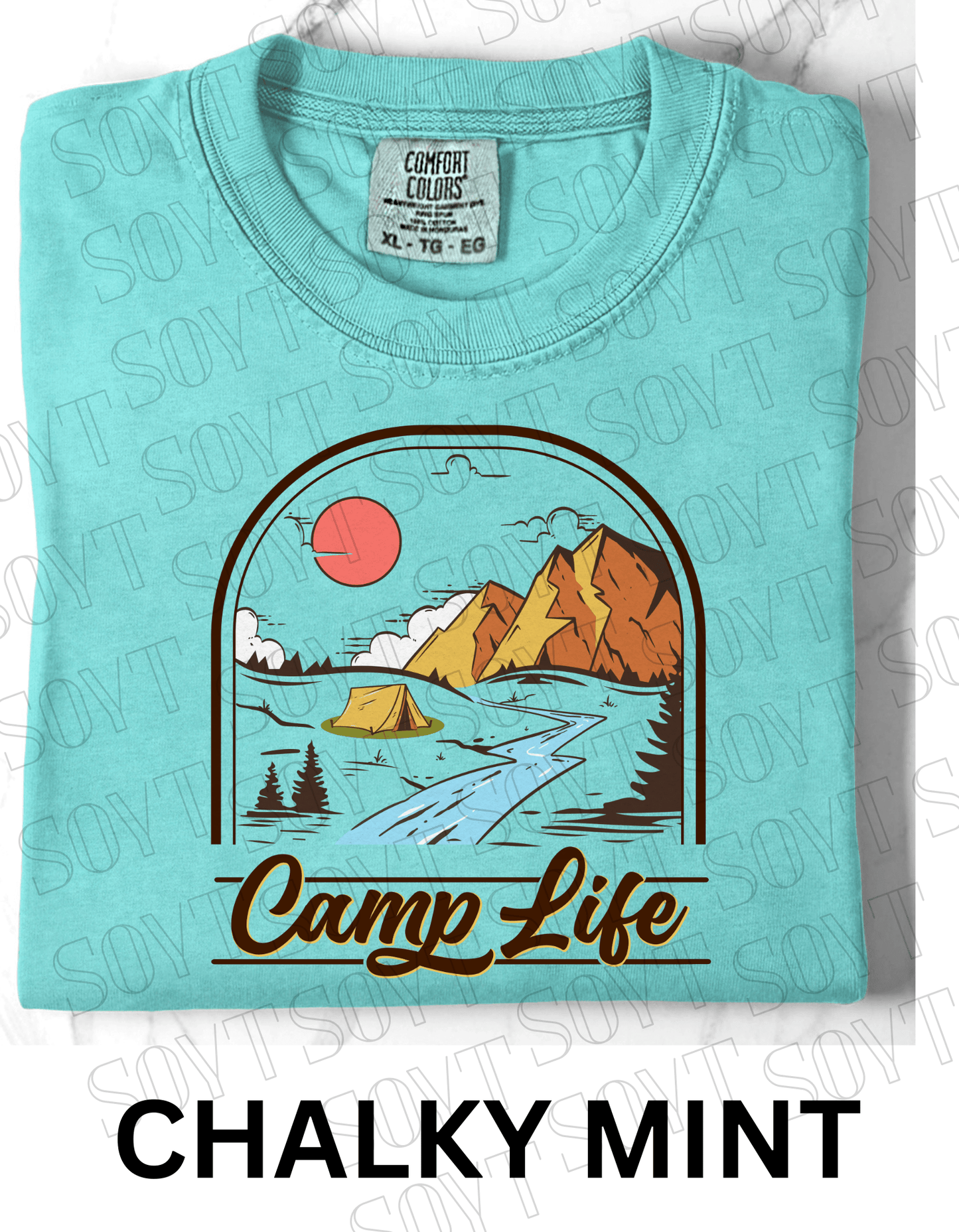 Camp Life T-Shirt – Mountain Tent & River Camping Scene Graphic Tee - Festive Apparel StoreChalky Mint