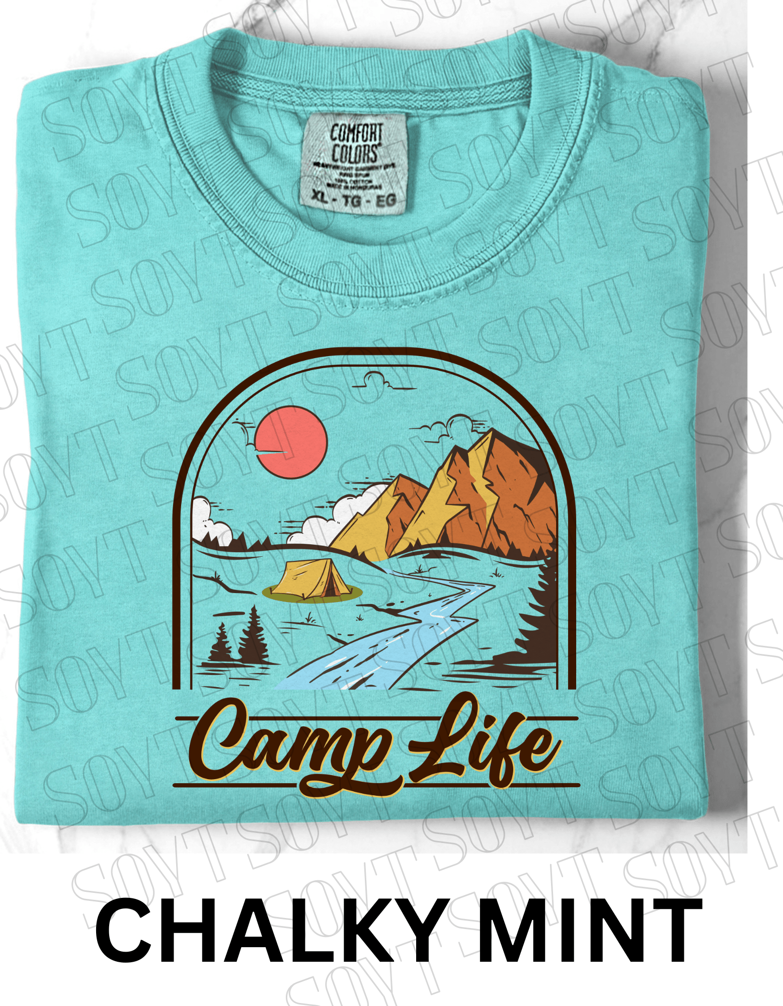 Camp Life T-Shirt – Mountain Tent & River Camping Scene Graphic Tee - Festive Apparel StoreChalky Mint