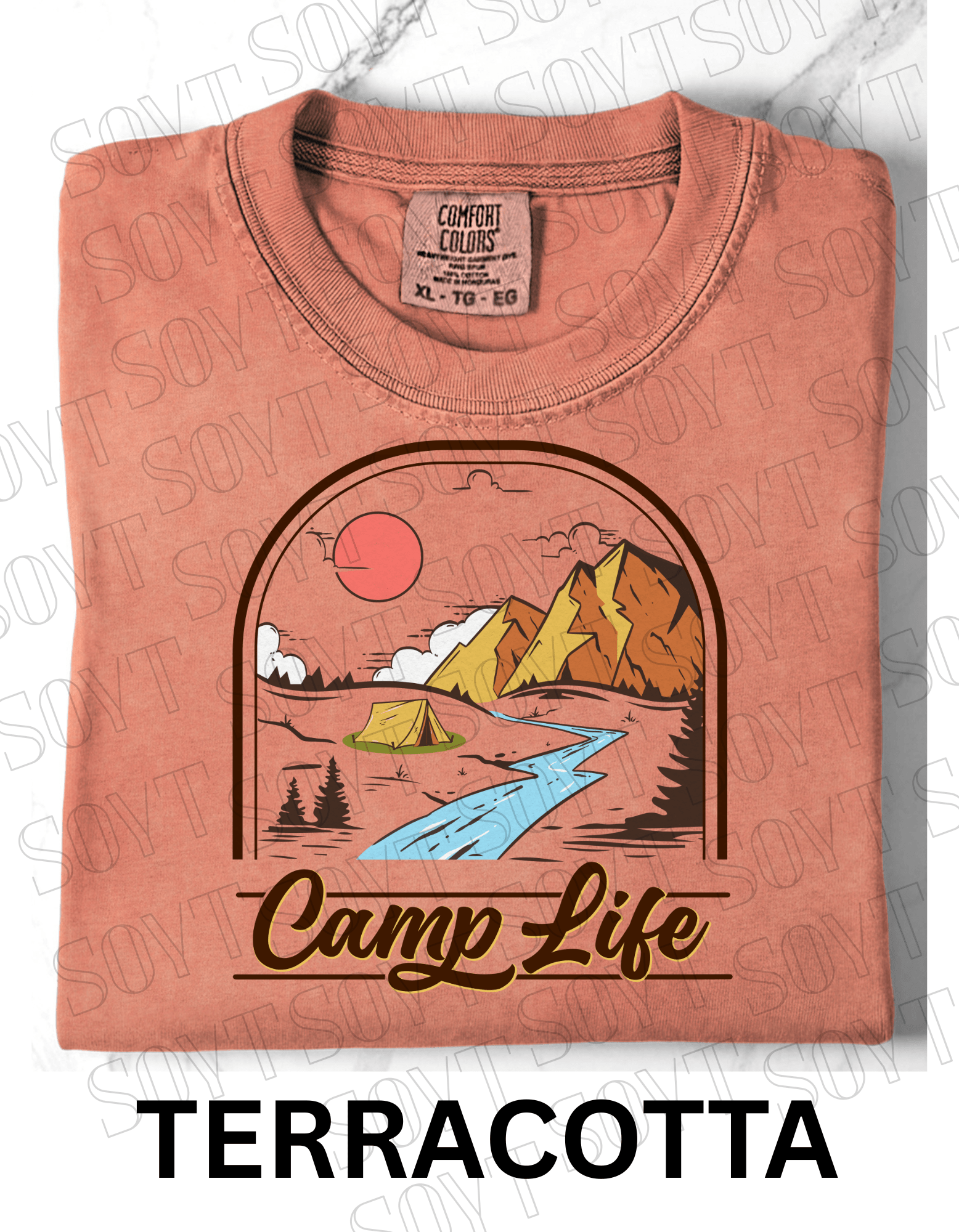 Camp Life T-Shirt – Mountain Tent & River Camping Scene Graphic Tee - Festive Apparel StoreTerracotta