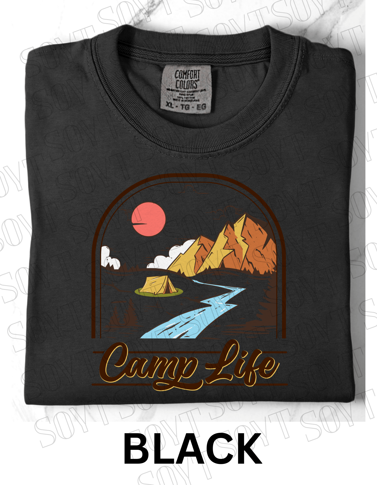 Camp Life T-Shirt – Mountain Tent & River Camping Scene Graphic Tee - Festive Apparel StoreBlack