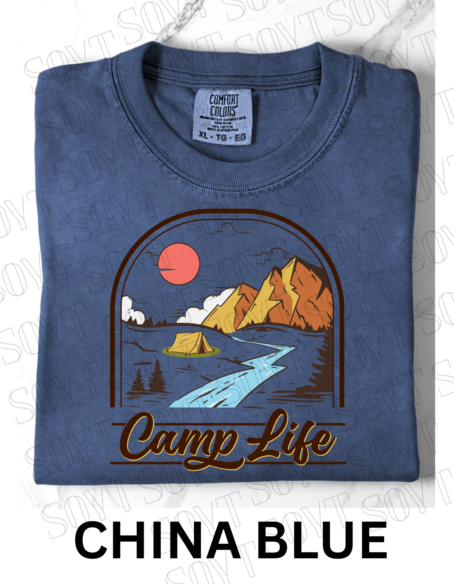 Camp Life T-Shirt – Mountain Tent & River Camping Scene Graphic Tee - Festive Apparel StoreChina Blue